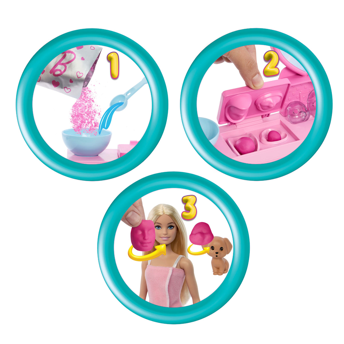 Hamur maskeler yapmak için 3 toz paketi dahil 10'dan fazla spa aksesuarı ve 1 bebek içeren Barbie Yüz Maskesi Oyun Seti