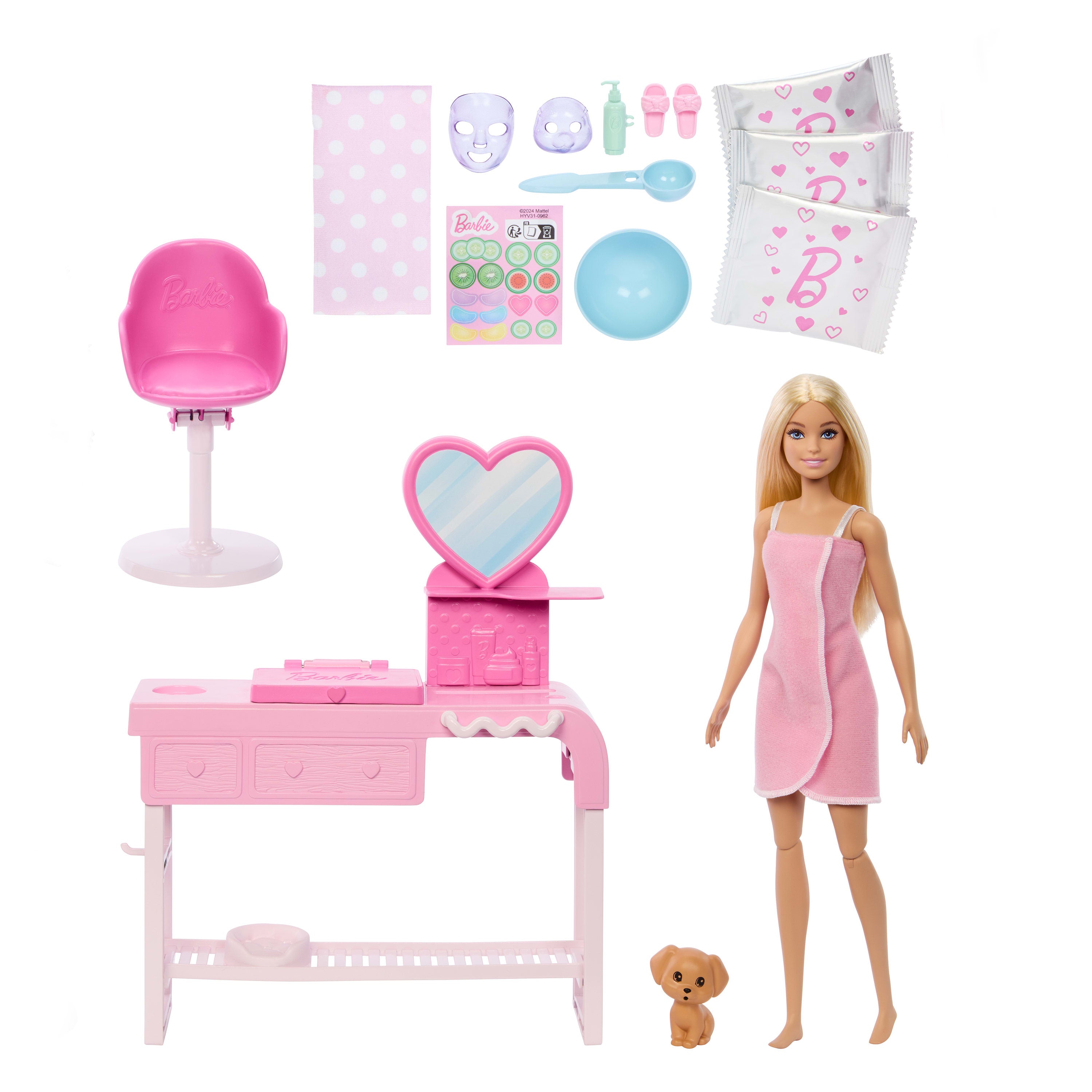 Hamur maskeler yapmak için 3 toz paketi dahil 10'dan fazla spa aksesuarı ve 1 bebek içeren Barbie Yüz Maskesi Oyun Seti