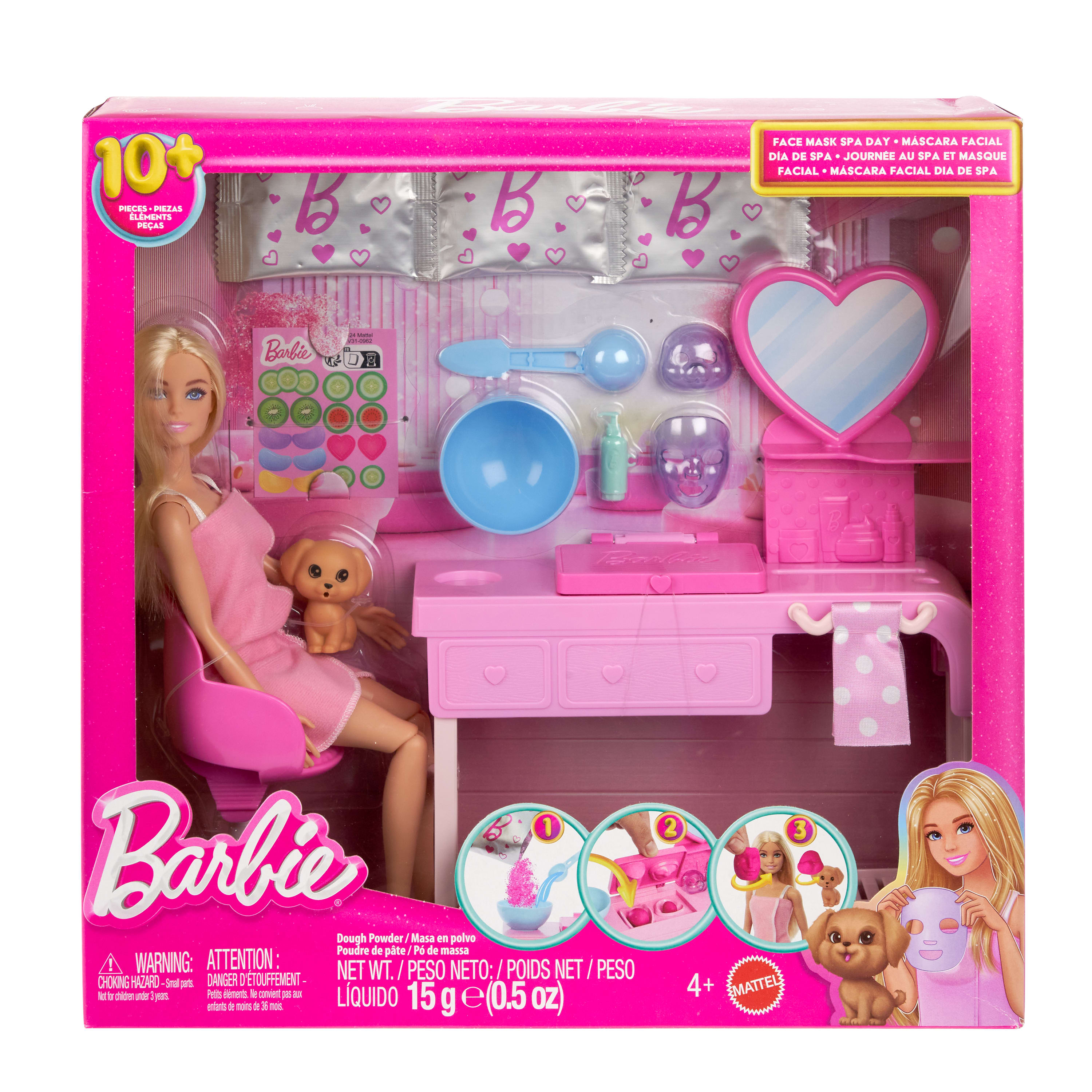Hamur maskeler yapmak için 3 toz paketi dahil 10'dan fazla spa aksesuarı ve 1 bebek içeren Barbie Yüz Maskesi Oyun Seti