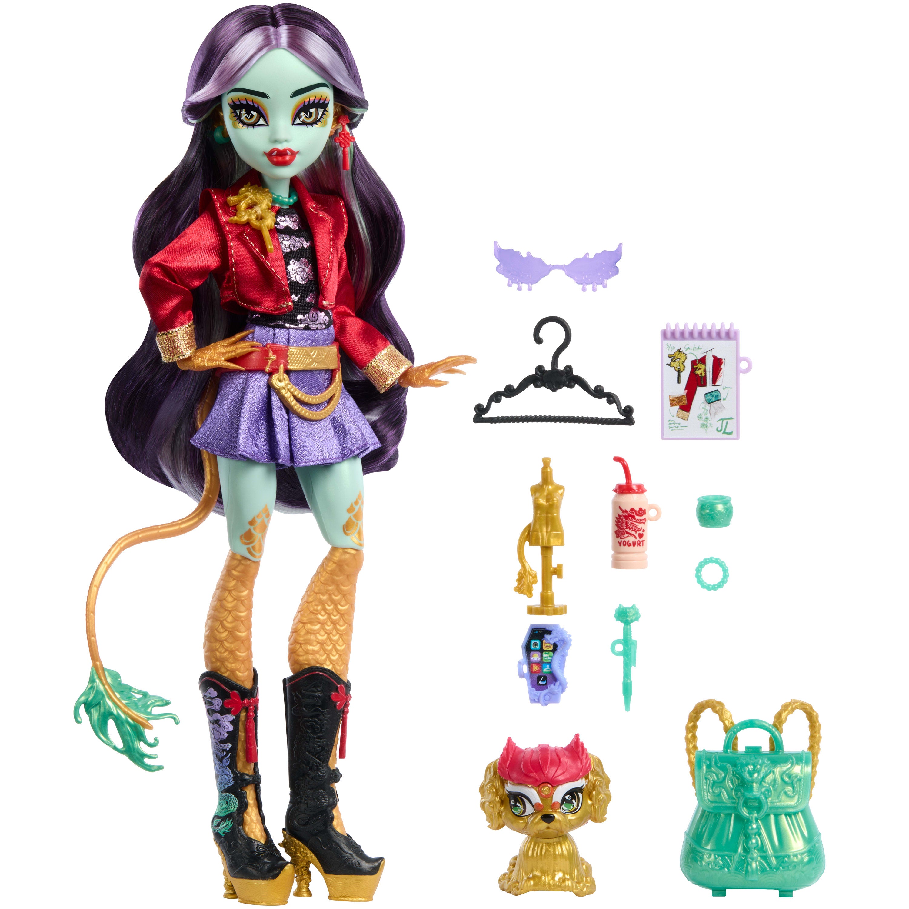 Monster High Jinafire Long bebek, köpekçiği Cloudy "Yun Yun" ve 7 aksesuar