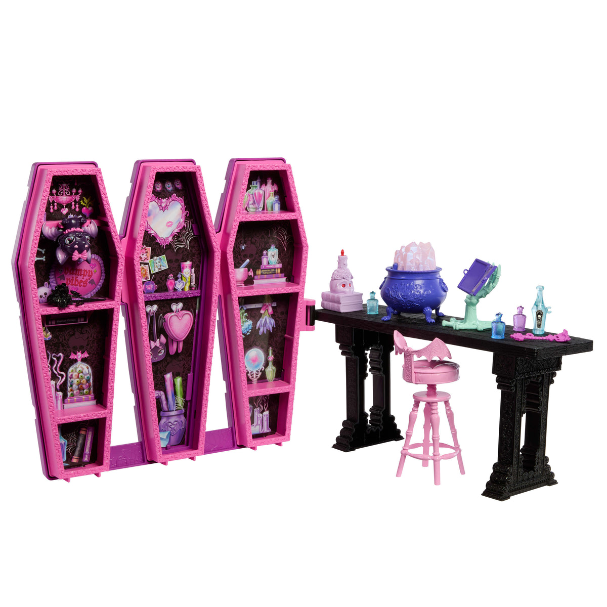 12'den fazla aksesuar ve sürpriz dönüşümler içeren Monster High Draculaura'nın Gizli İksir Odası oyun seti