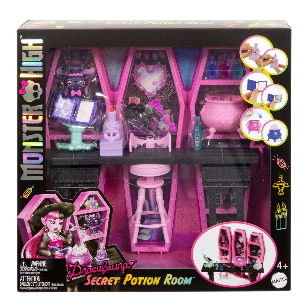 12'den fazla aksesuar ve sürpriz dönüşümler içeren Monster High Draculaura'nın Gizli İksir Odası oyun seti