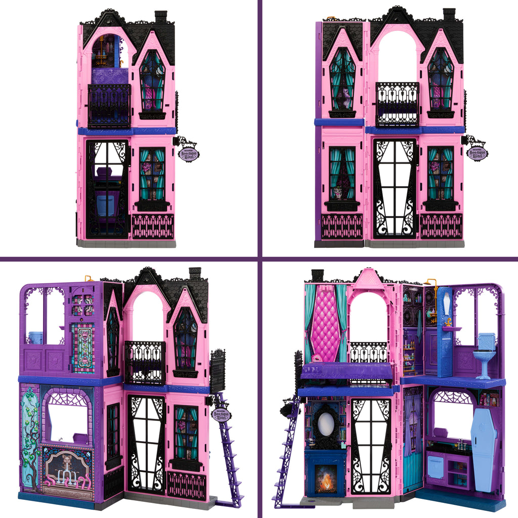 Her odasında ilginç sürprizler olan Monster High Gizemli Butik Otel ve 13'ten fazla aksesuar