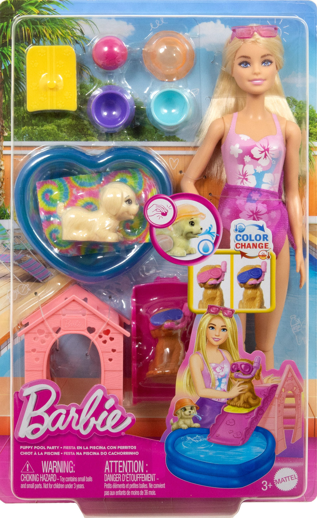 Bebek, havuz, kaydıraklı köpek kulübesi, 2 evcil hayvan figürü ve 6 aksesuarla Barbie Köpekçikle Havuz Partisi oyun seti