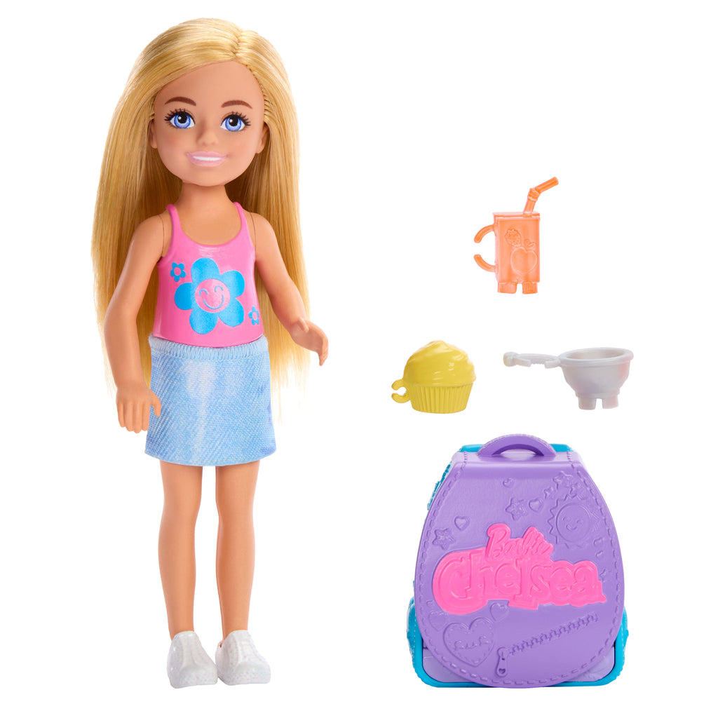 BARBIE Aile ve Dostlar Chelsea Kapkek Pişirme Çantası Chelsea bebek ve aksesuarları, oyuncak kapkek ile sırt çantası