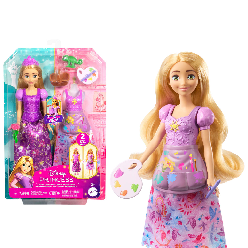 Disney Prensesi 2'si 1 Arada Hikayeler Rapunzel bebek, takılıp çıkarılabilen 2 büstiyer, 2 etek ve 9 aksesuar