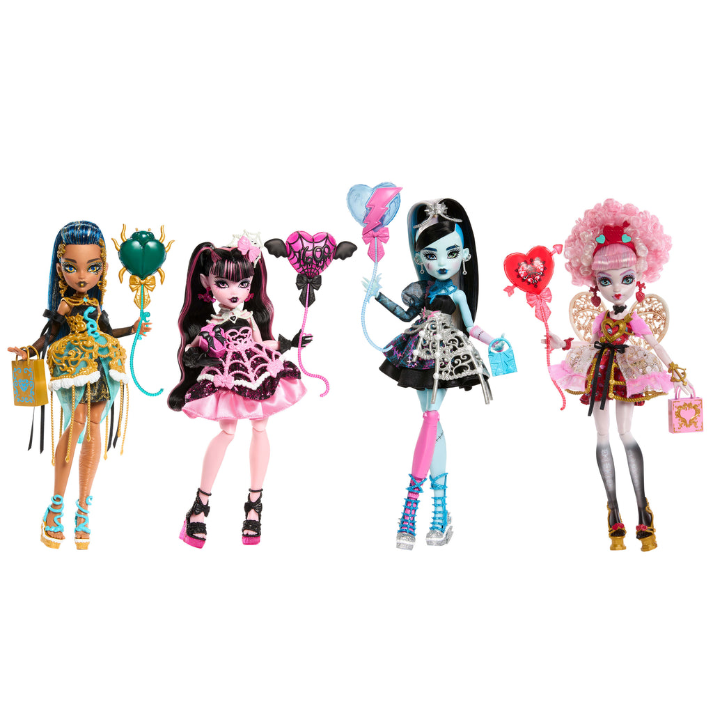 Balon ve hediye gibi aksesuarlarla parti elbisesi giyen Monster High Doğum Günü bebekler