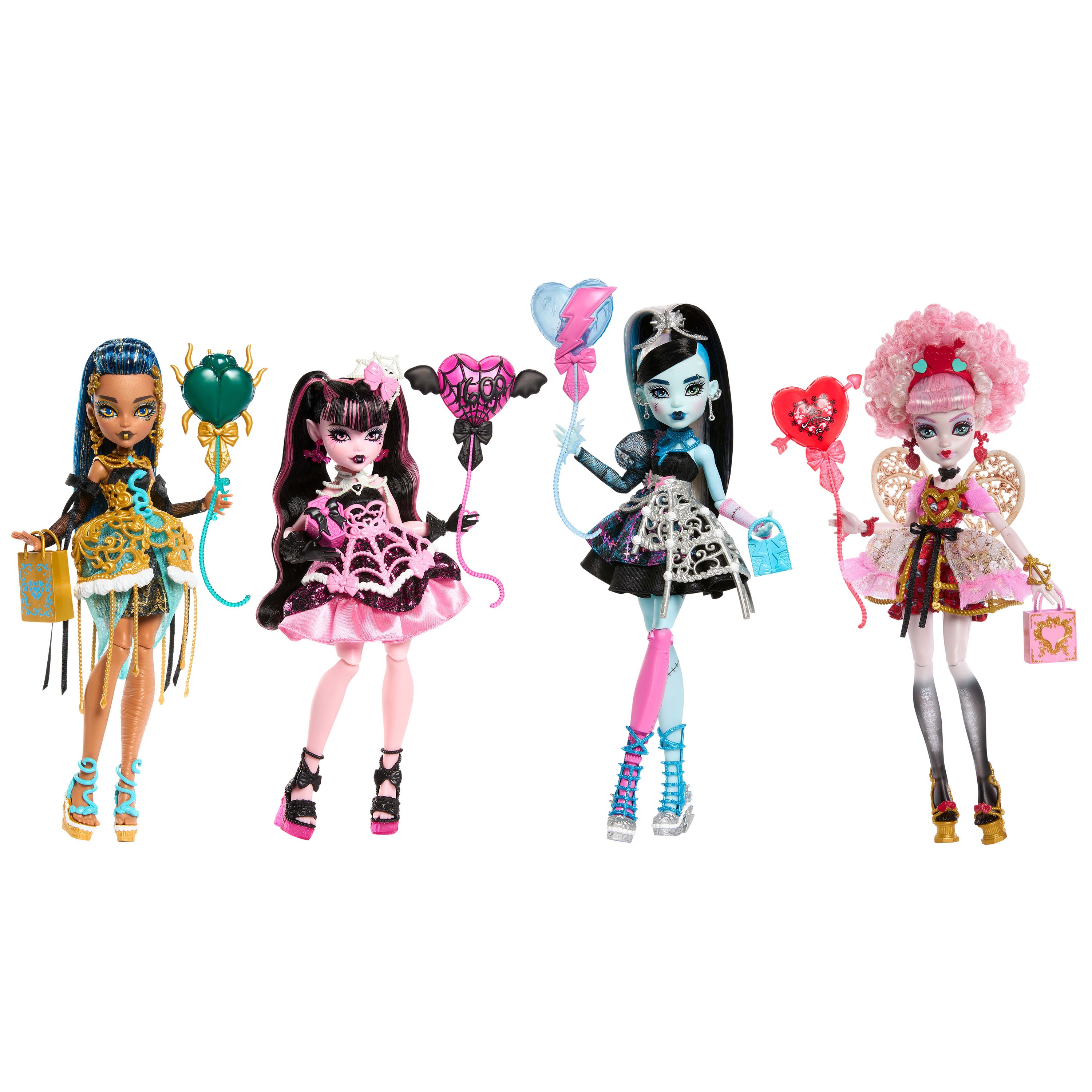 Balon ve hediye gibi aksesuarlarla parti elbisesi giyen Monster High Doğum Günü bebekler