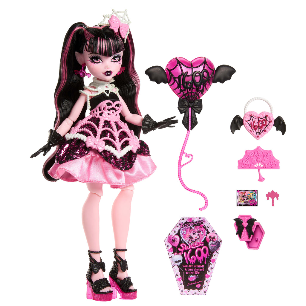 Balon ve hediye gibi aksesuarlarla parti elbisesi giyen Monster High Doğum Günü bebekler