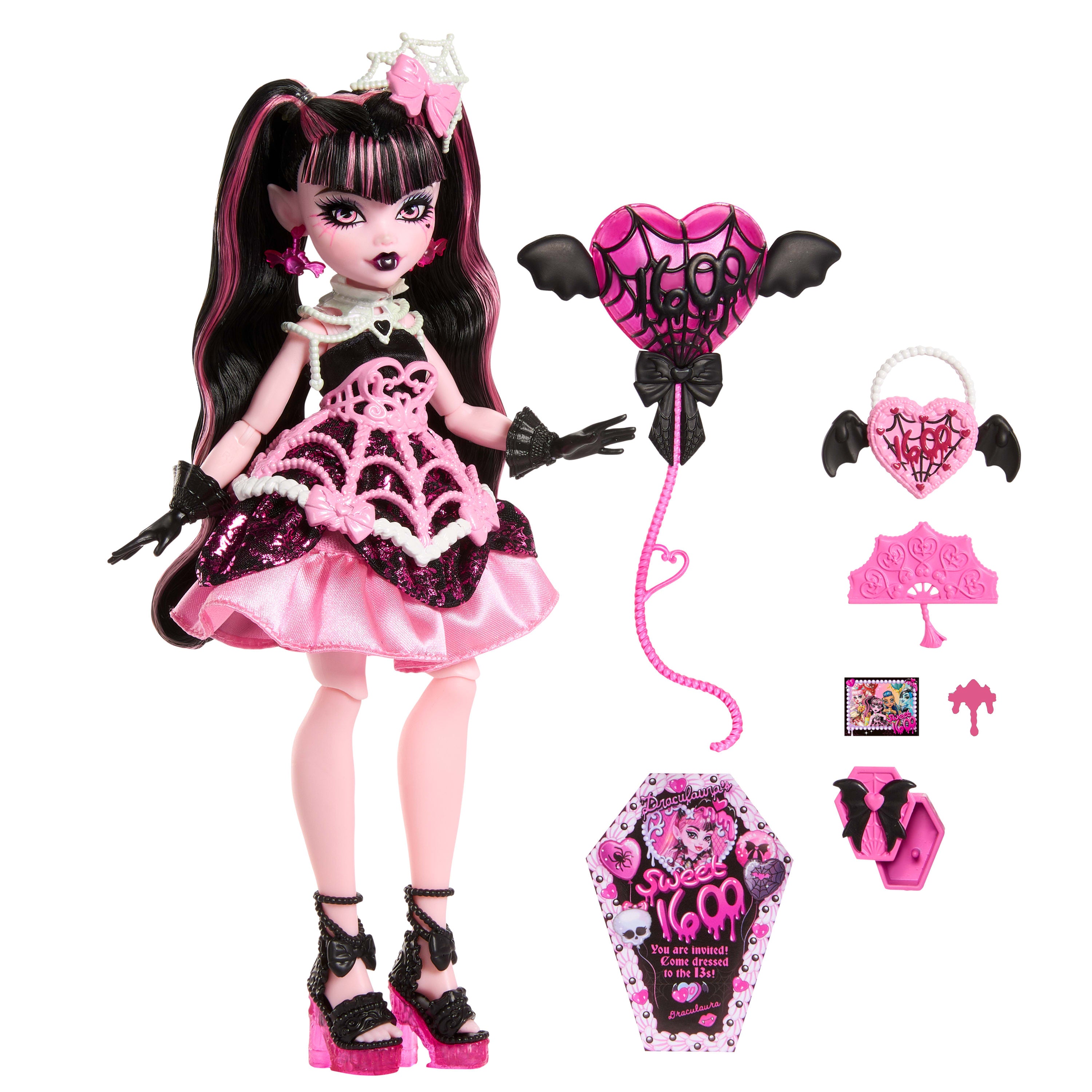 Balon ve hediye gibi aksesuarlarla parti elbisesi giyen Monster High Doğum Günü bebekler
