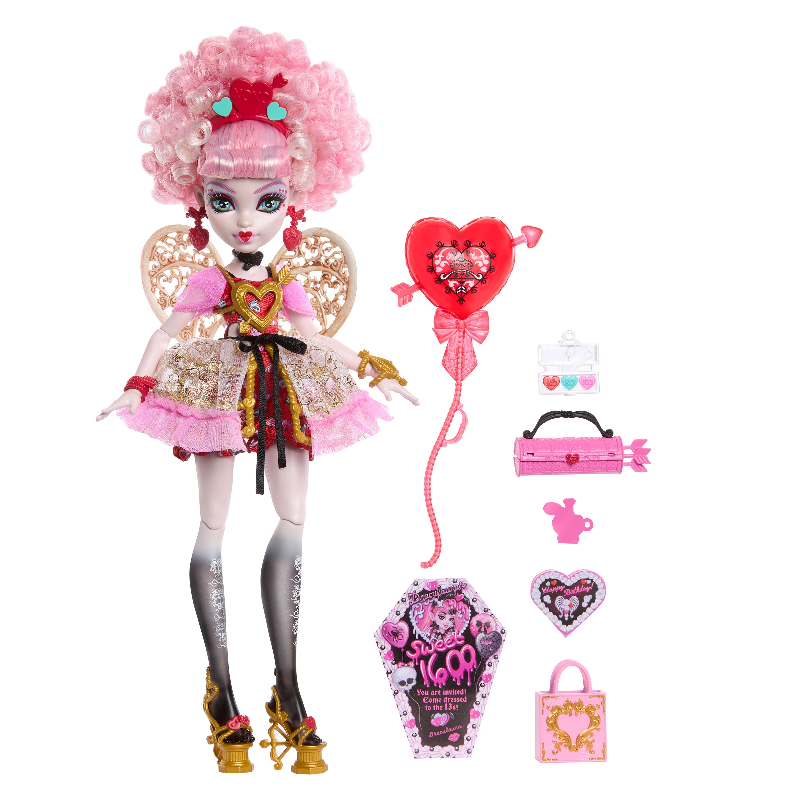 Balon ve hediye gibi aksesuarlarla parti elbisesi giyen Monster High Doğum Günü bebekler