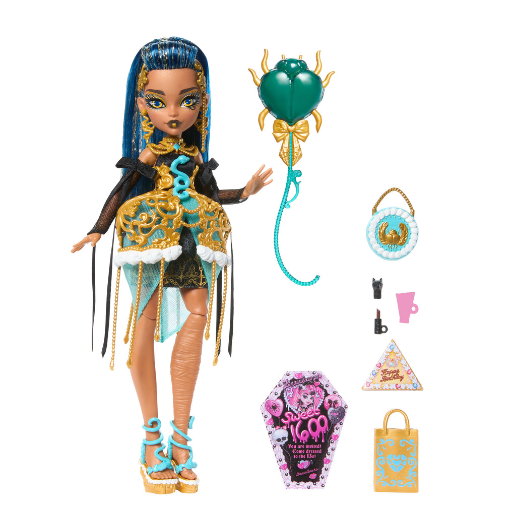 Balon ve hediye gibi aksesuarlarla parti elbisesi giyen Monster High Doğum Günü bebekler