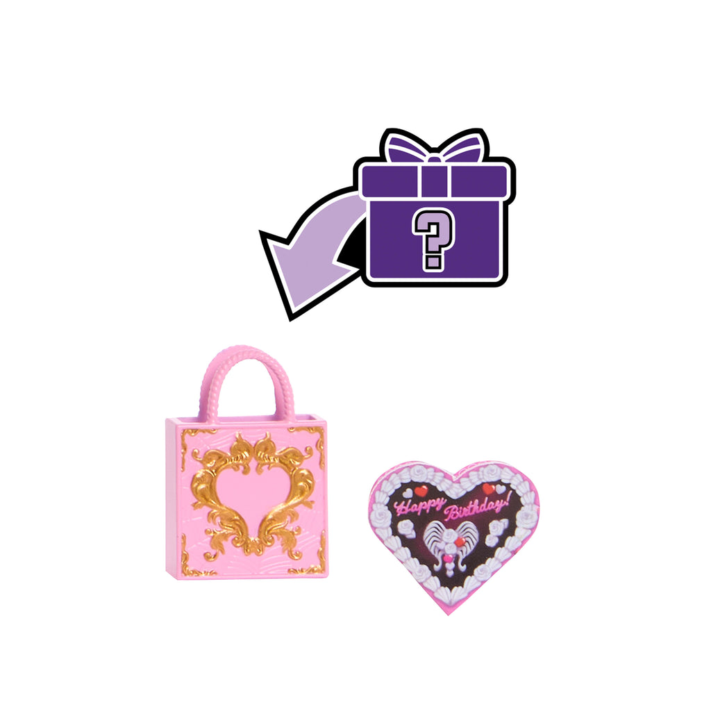 Balon ve hediye gibi aksesuarlarla parti elbisesi giyen Monster High Doğum Günü bebekler