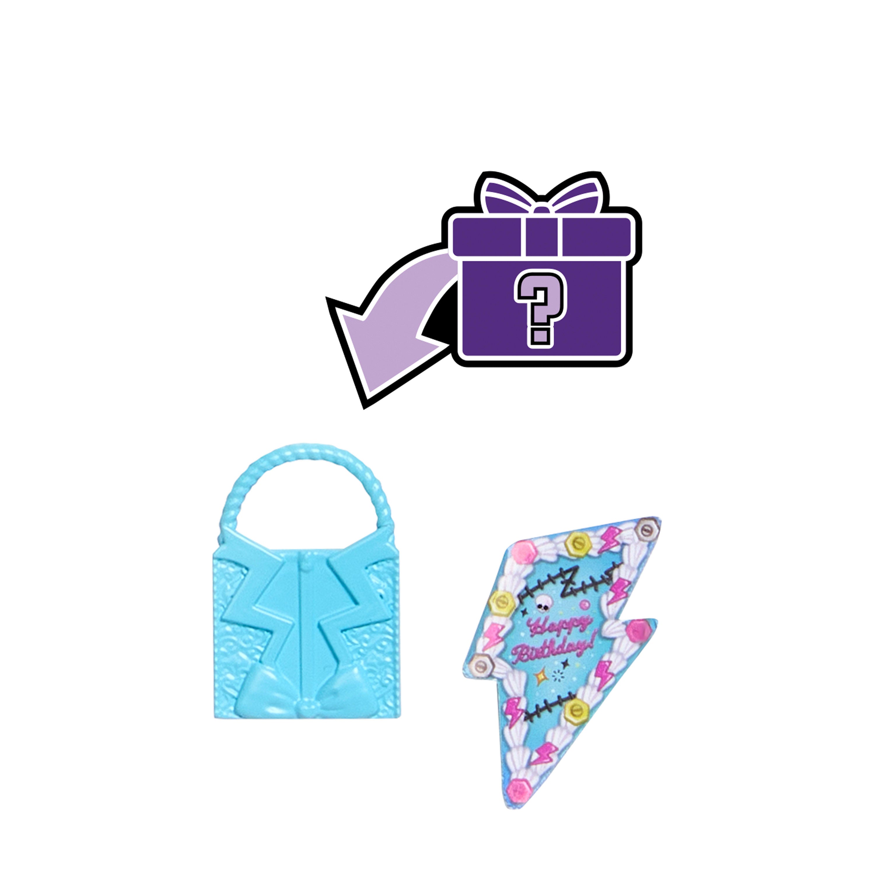 Parti elbisesi giyen ve bir elinde balon, diğer elinde hediyesini tutan Monster High Doğum Günü Frankie Stein bebek