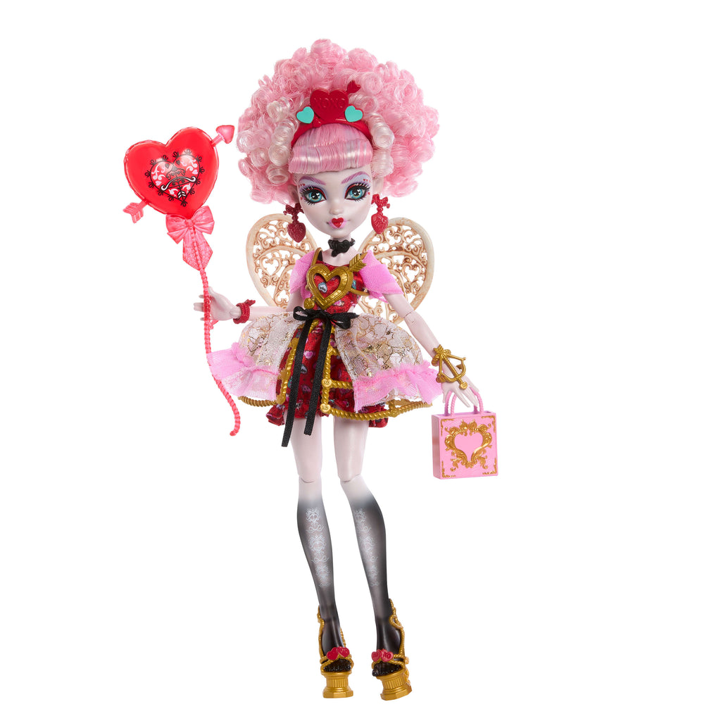 Parti elbisesi giyen ve bir elinde balon, diğer elinde hediyesini tutan Monster High Havalı Doğum Günü Cupid Asteria bebek