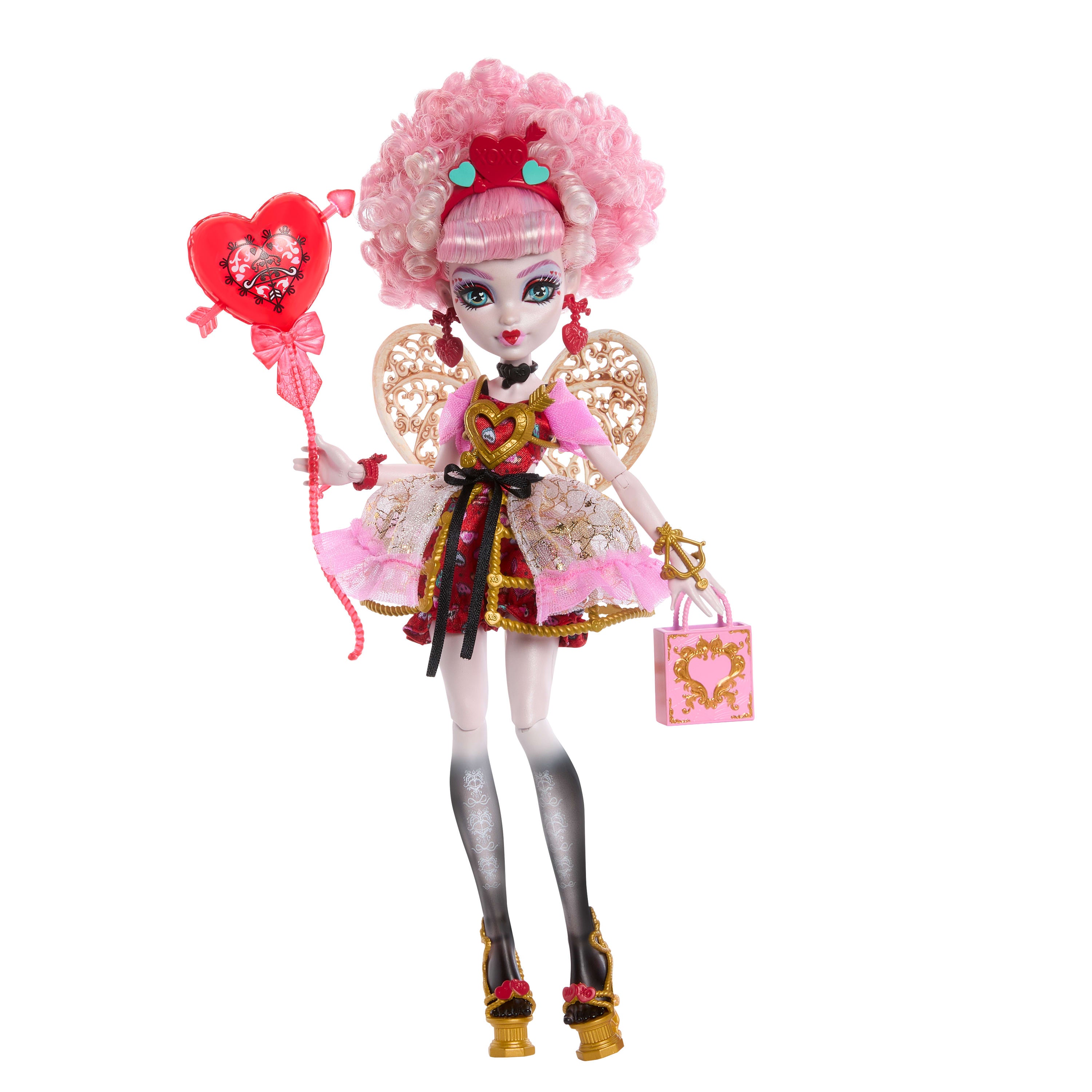 Parti elbisesi giyen ve bir elinde balon, diğer elinde hediyesini tutan Monster High Havalı Doğum Günü Cupid Asteria bebek
