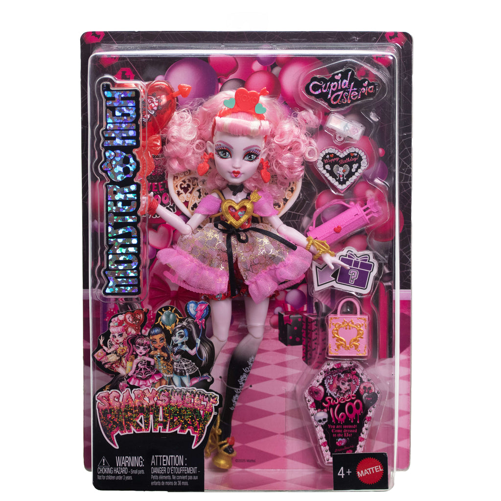Parti elbisesi giyen ve bir elinde balon, diğer elinde hediyesini tutan Monster High Havalı Doğum Günü Cupid Asteria bebek