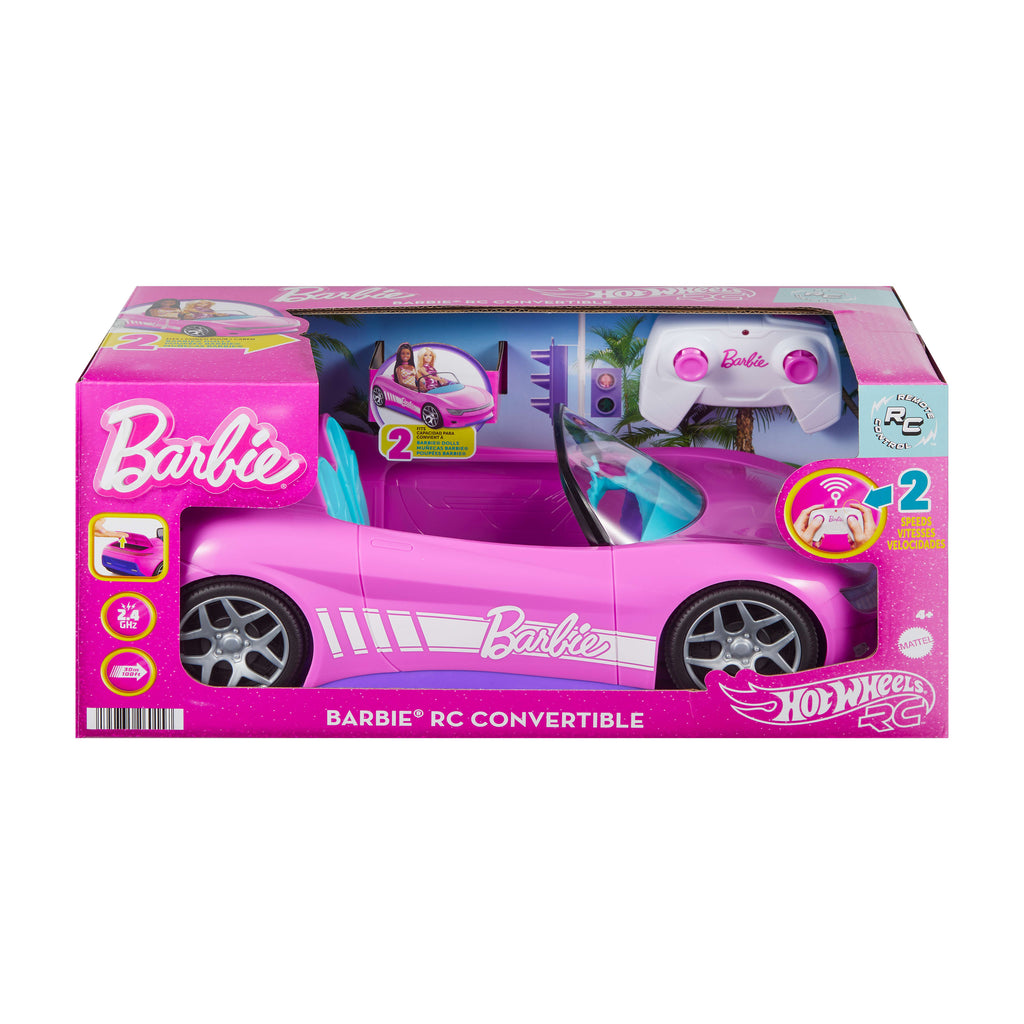 Hot Wheels Barbie uzaktan kumandalı ve şarj edilebilir üstü açık oyuncak araba, 2 Barbie bebeği taşıyabilir