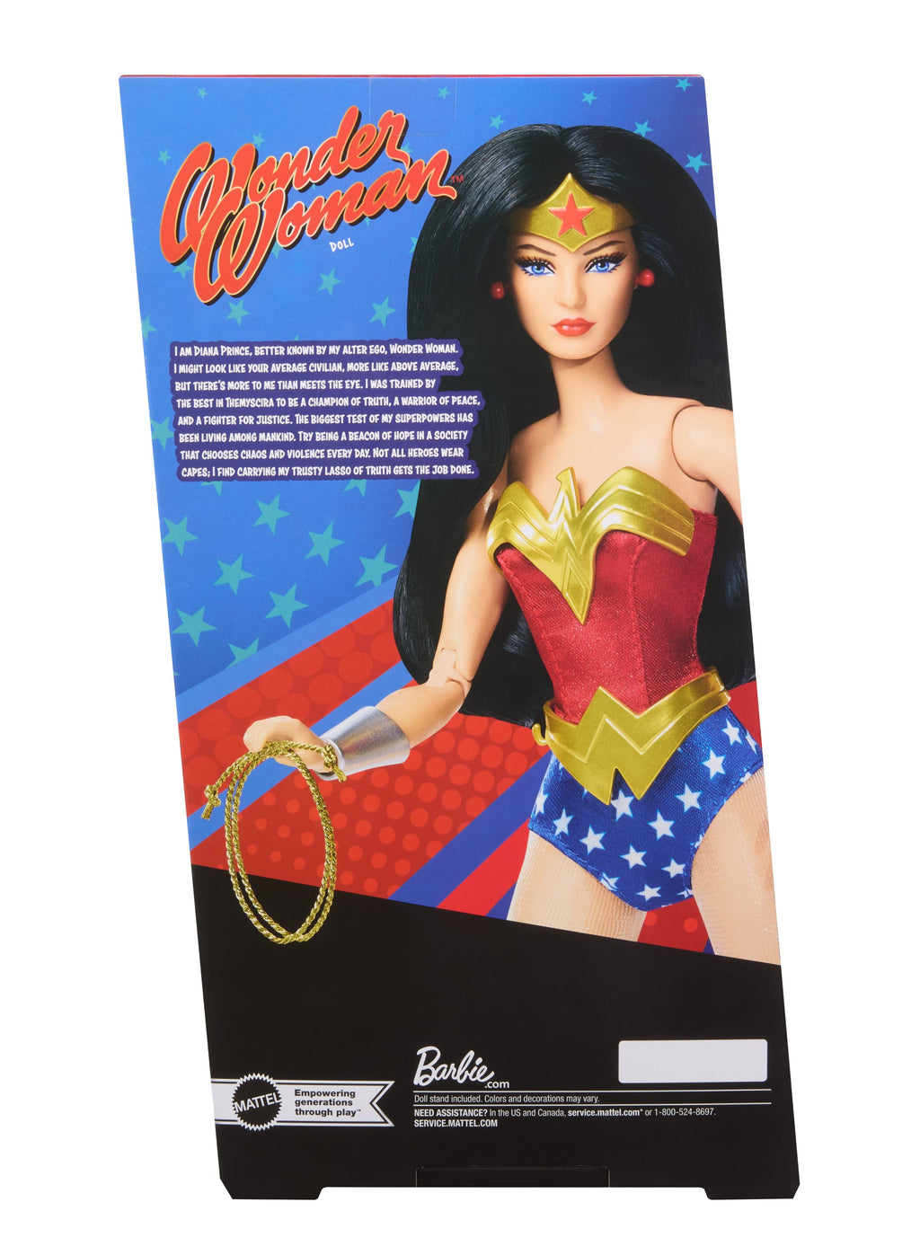 Mavi ve kırmızı renkli tek parça kıyafeti, altın renkli aksesuarları ve kementi ile Koleksiyona uygun Barbie Wonder Woman bebek