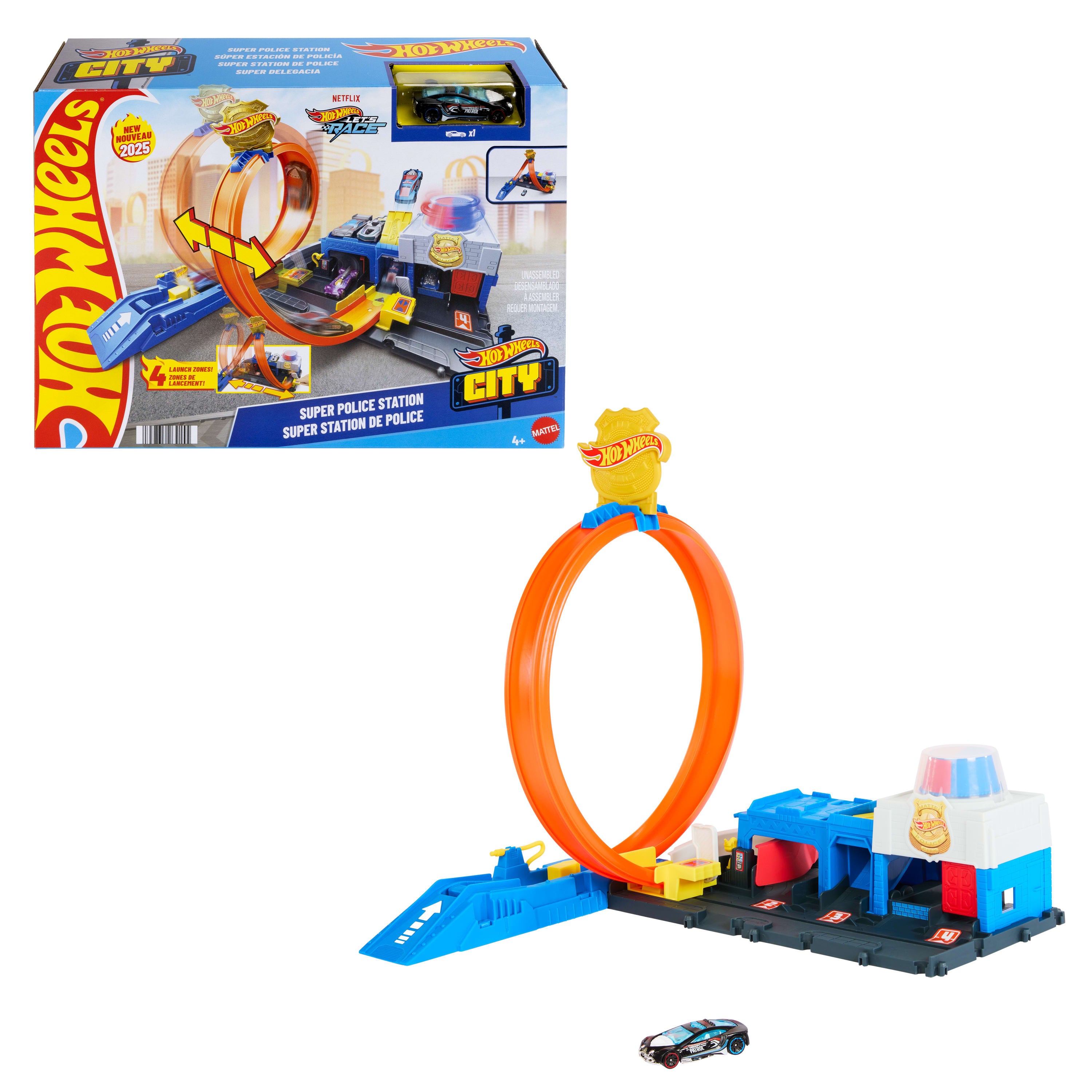 Hot Wheels® Polis İstasyonu Oyun Seti, 1:64 ölçekli oyuncak polis arabası ve ayarlanabilir pist çemberi