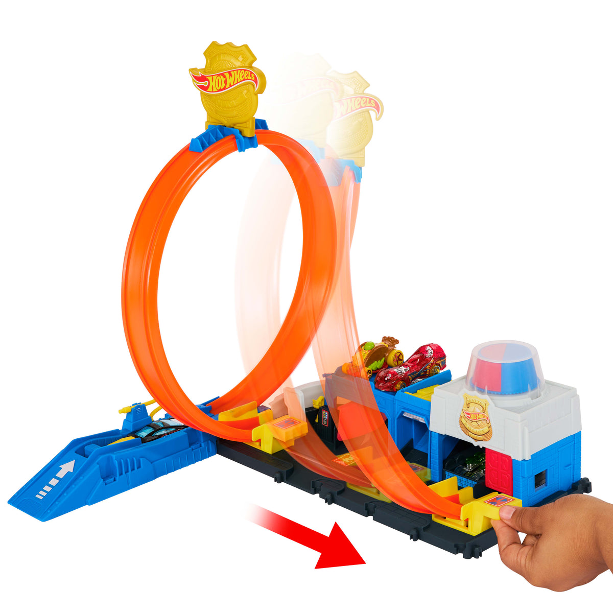 Hot Wheels® Polis İstasyonu Oyun Seti, 1:64 ölçekli oyuncak polis arabası ve ayarlanabilir pist çemberi