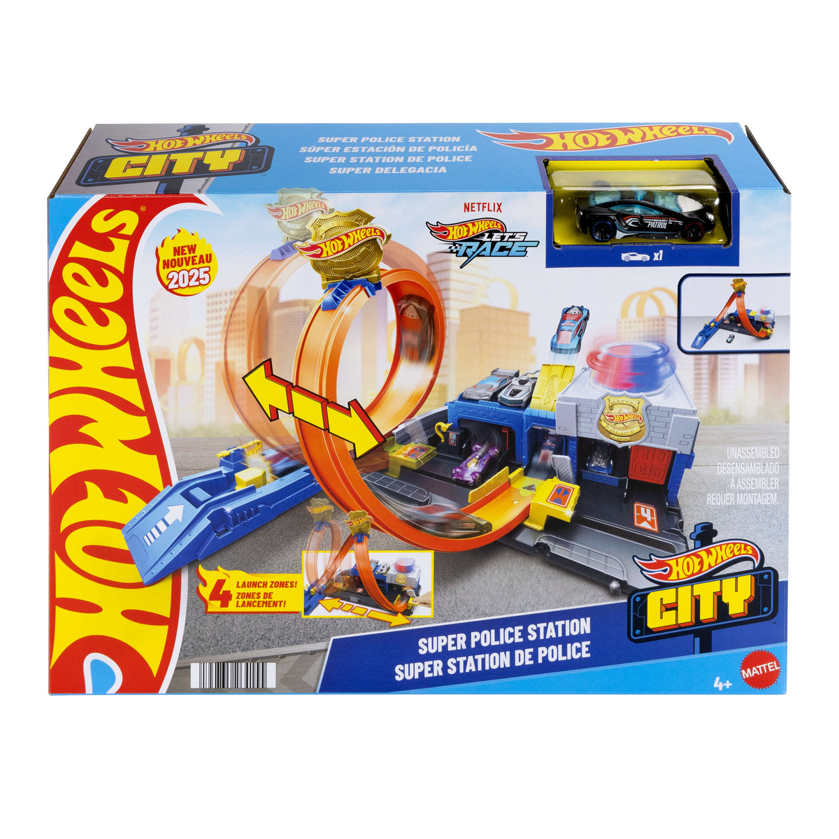 Hot Wheels® Polis İstasyonu Oyun Seti, 1:64 ölçekli oyuncak polis arabası ve ayarlanabilir pist çemberi