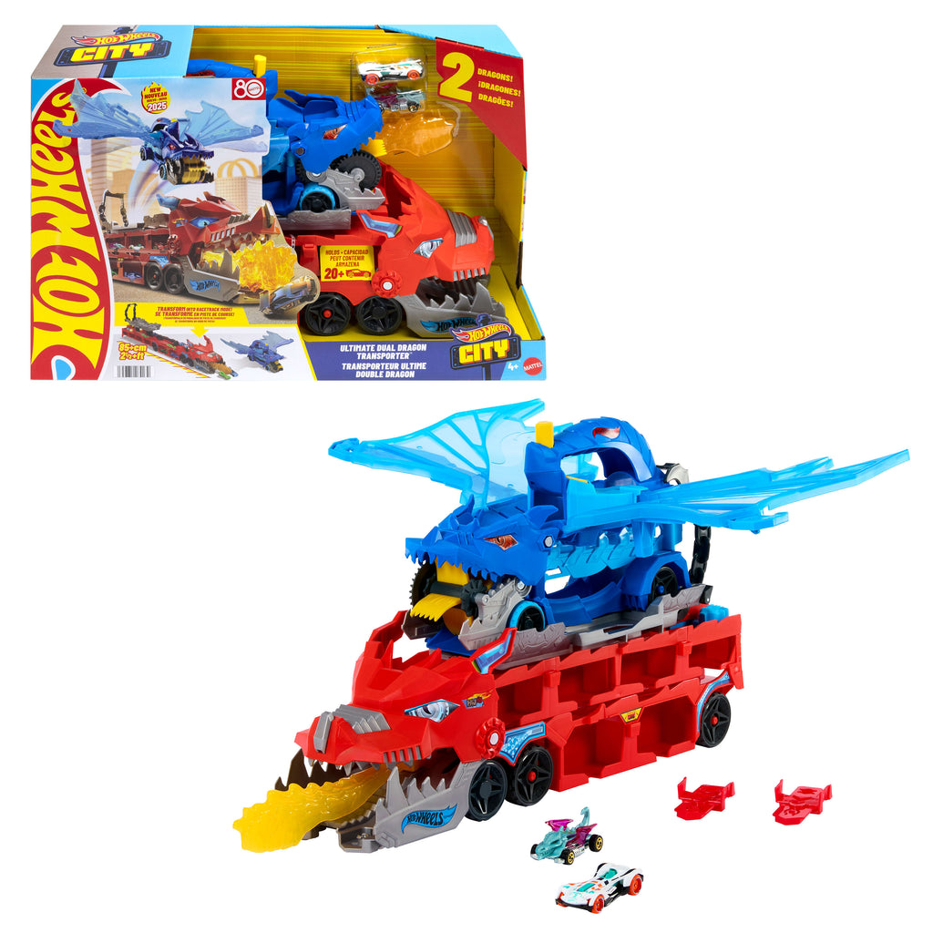 Hot Wheels City Dev Taşıyıcı Tır - Ejderha Fırlatma ve Pist Seti + 2 Adet 1:64 Ölçekli Metal Araba