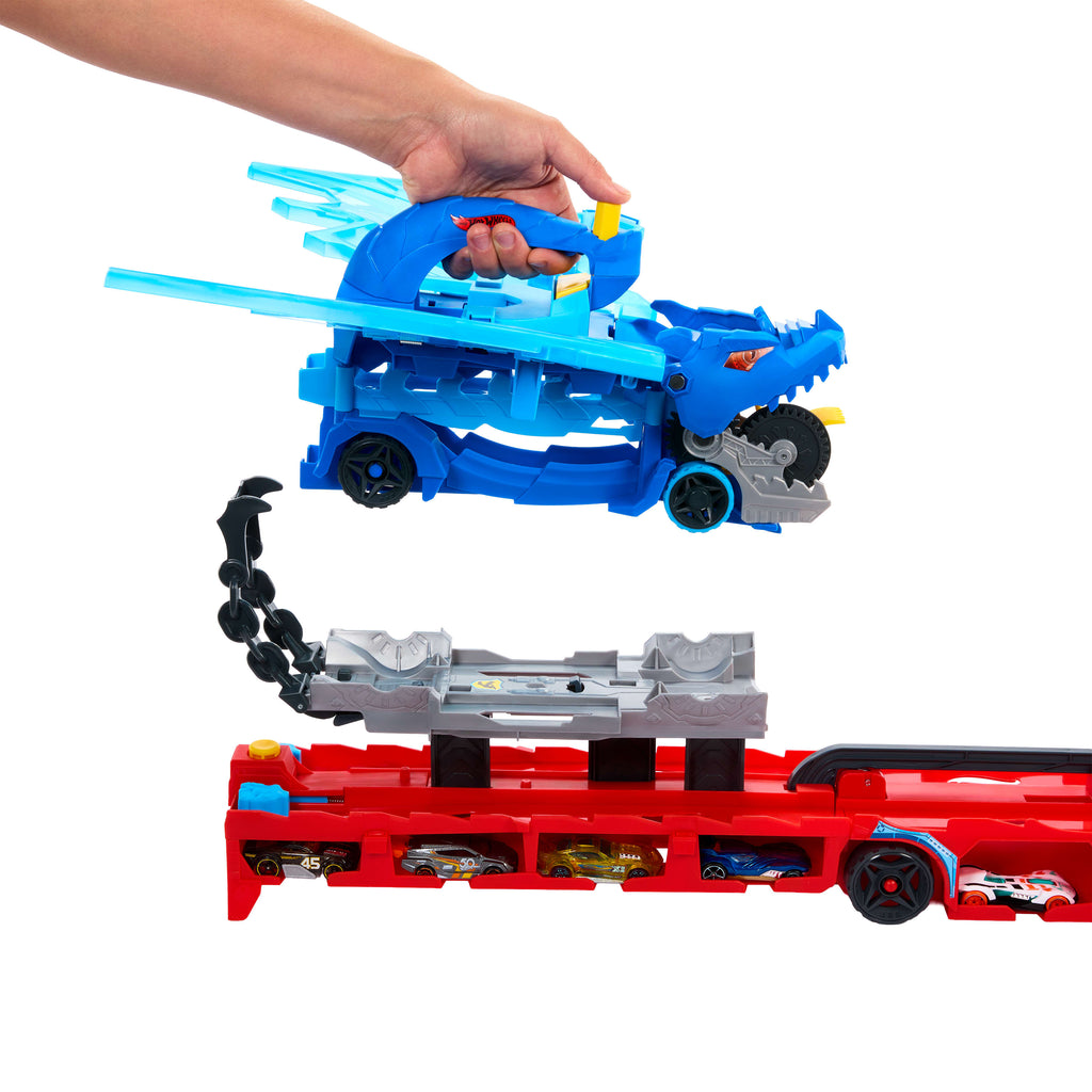Hot Wheels City Dev Taşıyıcı Tır - Ejderha Fırlatma ve Pist Seti + 2 Adet 1:64 Ölçekli Metal Araba