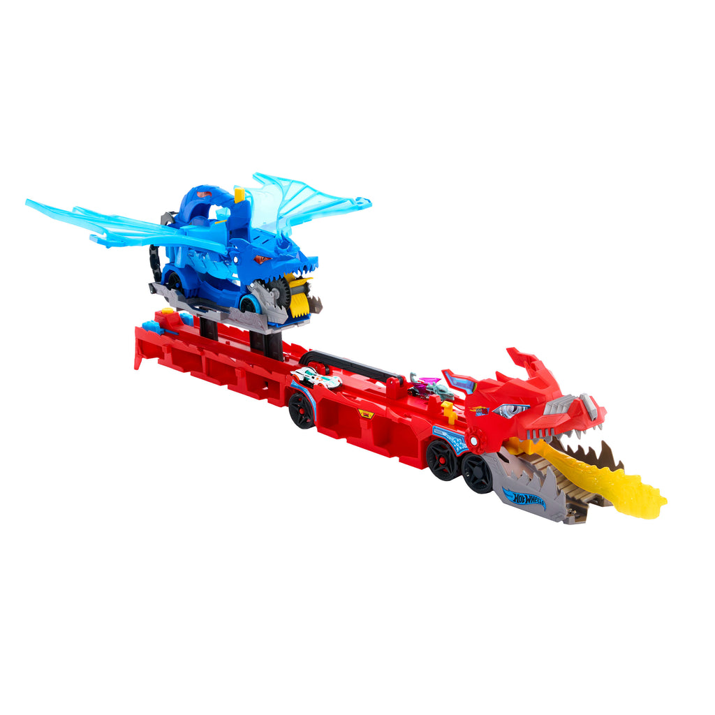 Hot Wheels City Dev Taşıyıcı Tır - Ejderha Fırlatma ve Pist Seti + 2 Adet 1:64 Ölçekli Metal Araba