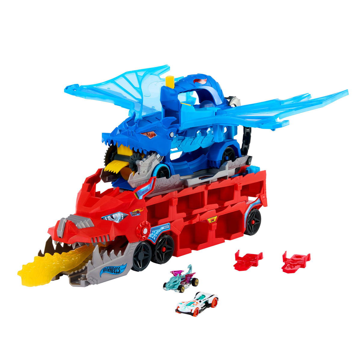 Hot Wheels City Dev Taşıyıcı Tır - Ejderha Fırlatma ve Pist Seti + 2 Adet 1:64 Ölçekli Metal Araba