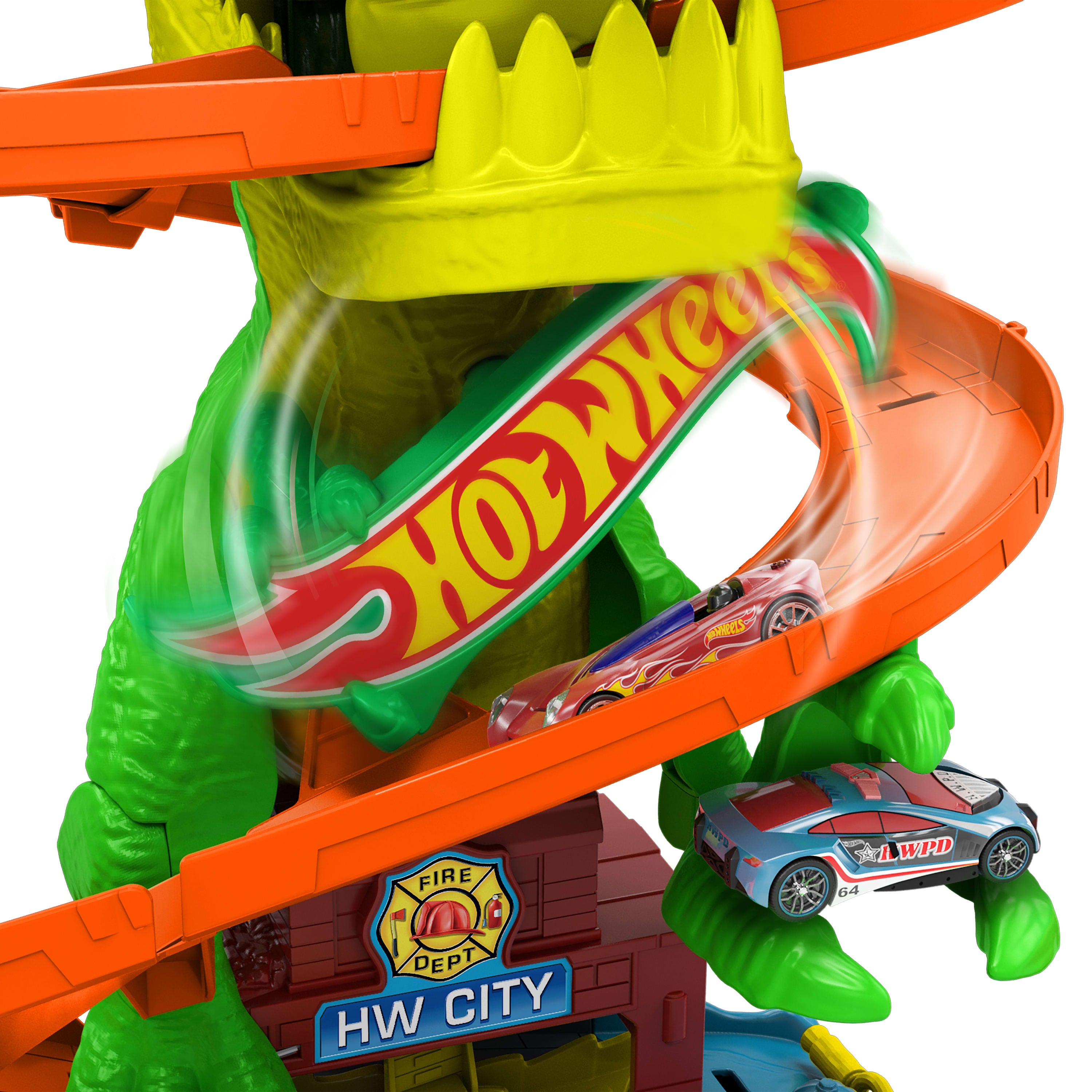 Hot Wheels® T-Rex ve İtfaiye İstasyonu Oyun Seti - 1:64 Ölçekli Metal Araba Dahil, 4+ Yaş