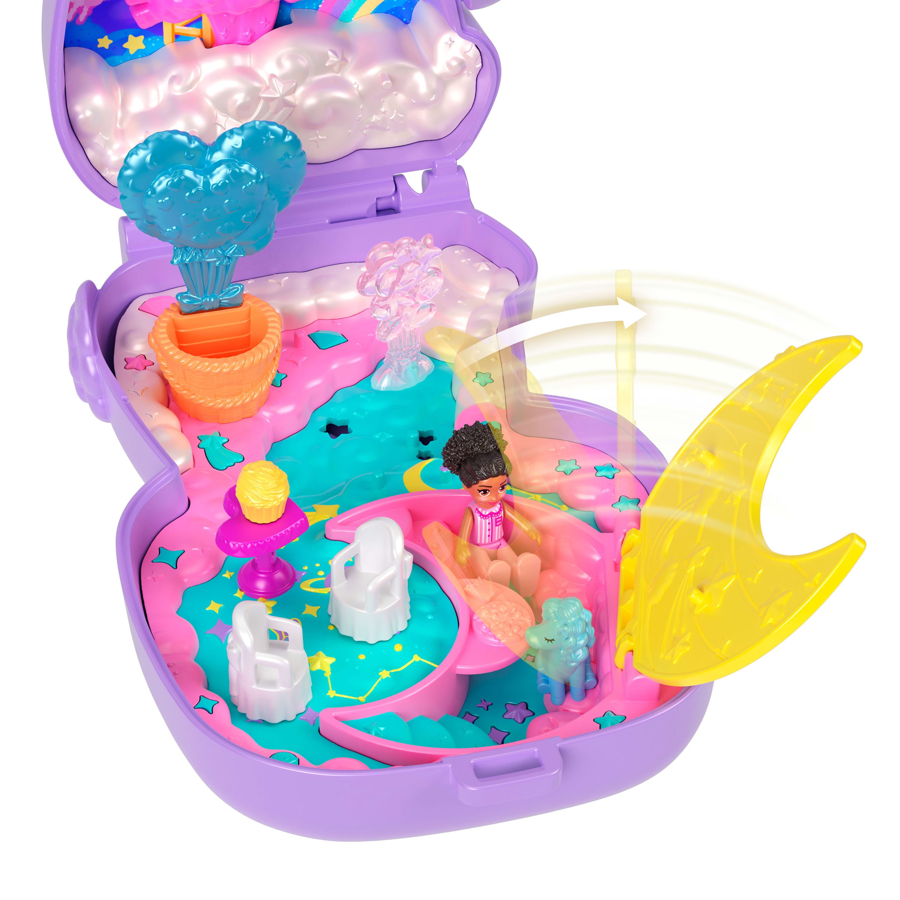 Polly Pocket Rüyalar Diyarı mini oyun seti, 1 mikro bebek ve tek boynuzlu at figürü, yiyecek ve stil aksesuarlarının yer aldığı taşınabilir oyuncak