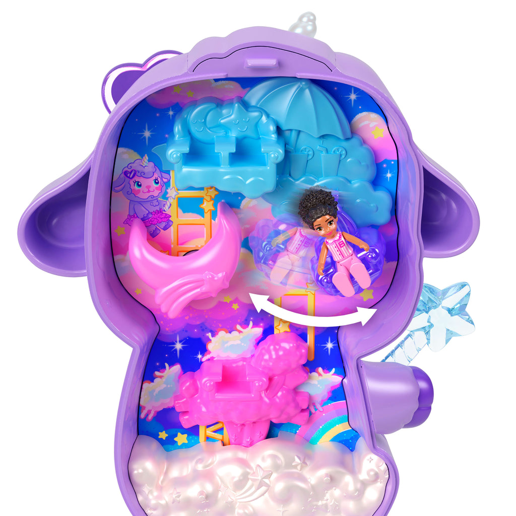 Polly Pocket Rüyalar Diyarı mini oyun seti, 1 mikro bebek ve tek boynuzlu at figürü, yiyecek ve stil aksesuarlarının yer aldığı taşınabilir oyuncak