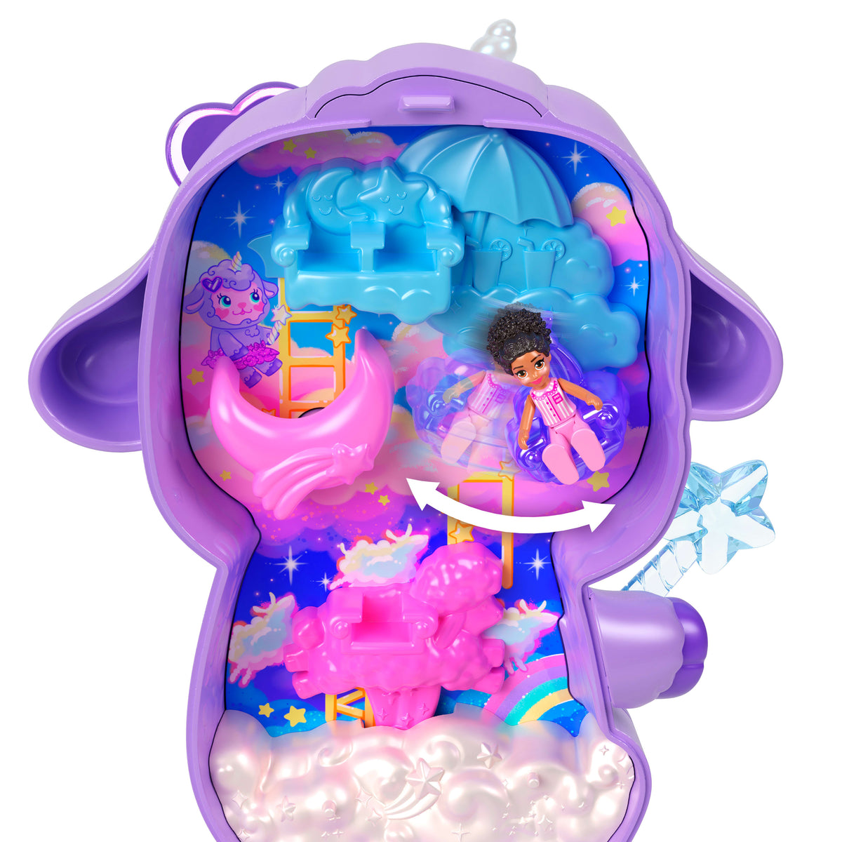 Polly Pocket Rüyalar Diyarı mini oyun seti, 1 mikro bebek ve tek boynuzlu at figürü, yiyecek ve stil aksesuarlarının yer aldığı taşınabilir oyuncak
