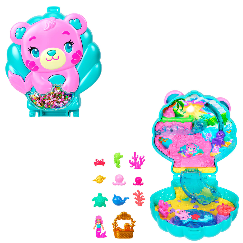 Polly Pocket Işıltılı Ada mini oyun seti, 1 mikro deniz kızı bebek ve deniz canlısı figürleri, temaya uygun aksesuarların yer aldığı taşınabilir oyuncak
