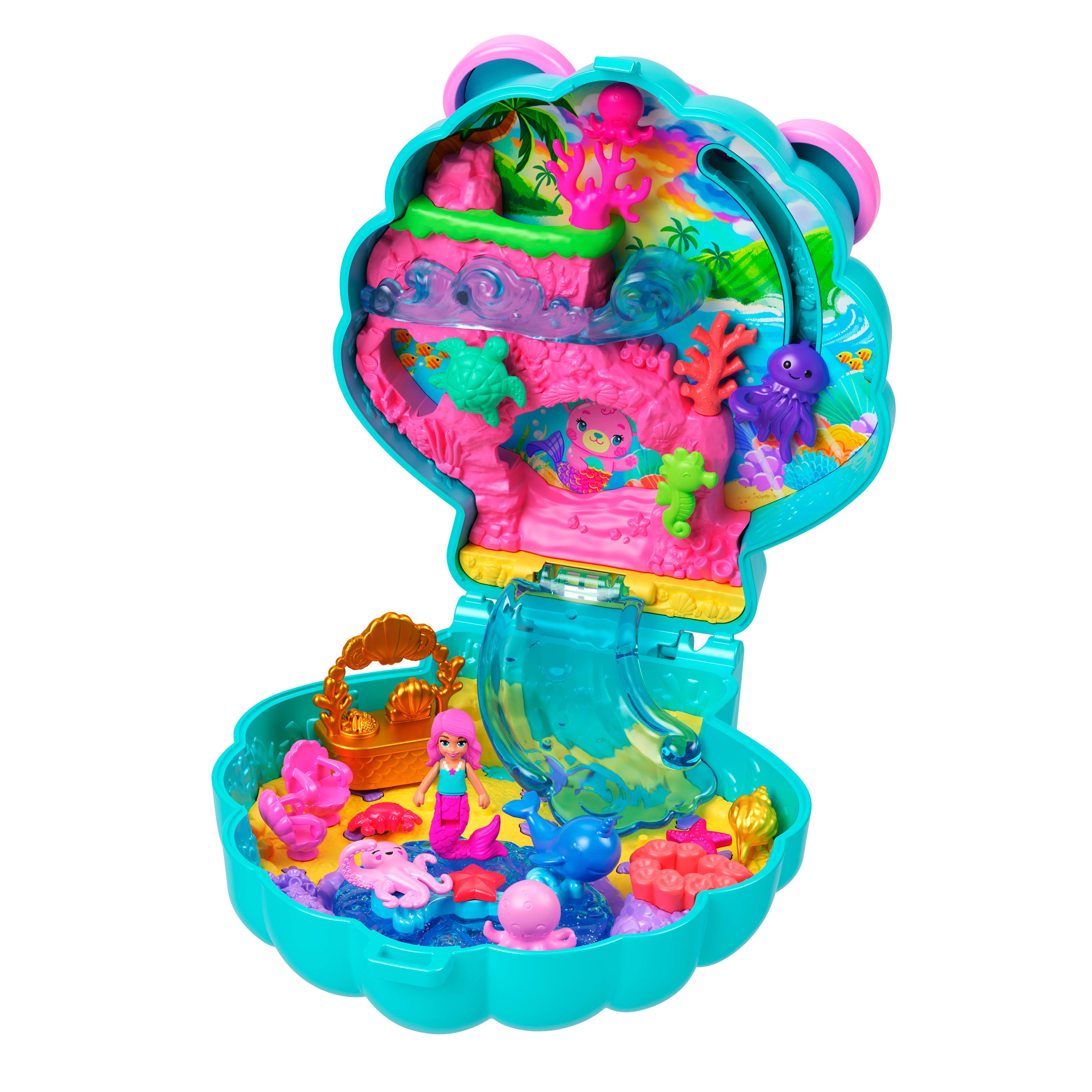 Polly Pocket Işıltılı Ada mini oyun seti, 1 mikro deniz kızı bebek ve deniz canlısı figürleri, temaya uygun aksesuarların yer aldığı taşınabilir oyuncak