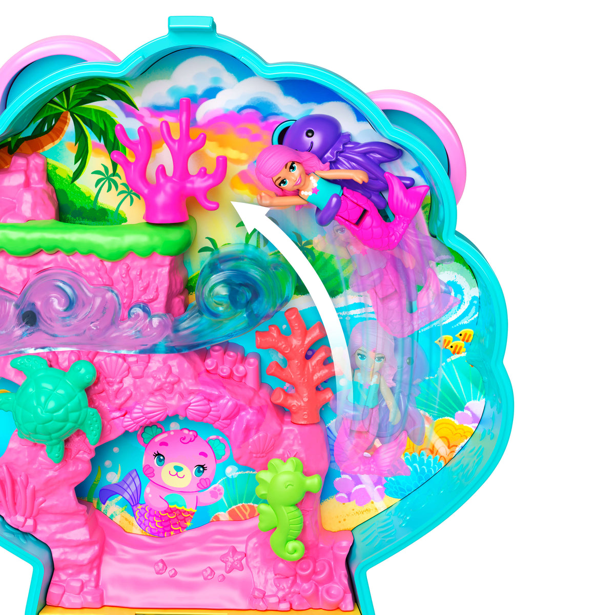 Polly Pocket Işıltılı Ada mini oyun seti, 1 mikro deniz kızı bebek ve deniz canlısı figürleri, temaya uygun aksesuarların yer aldığı taşınabilir oyuncak