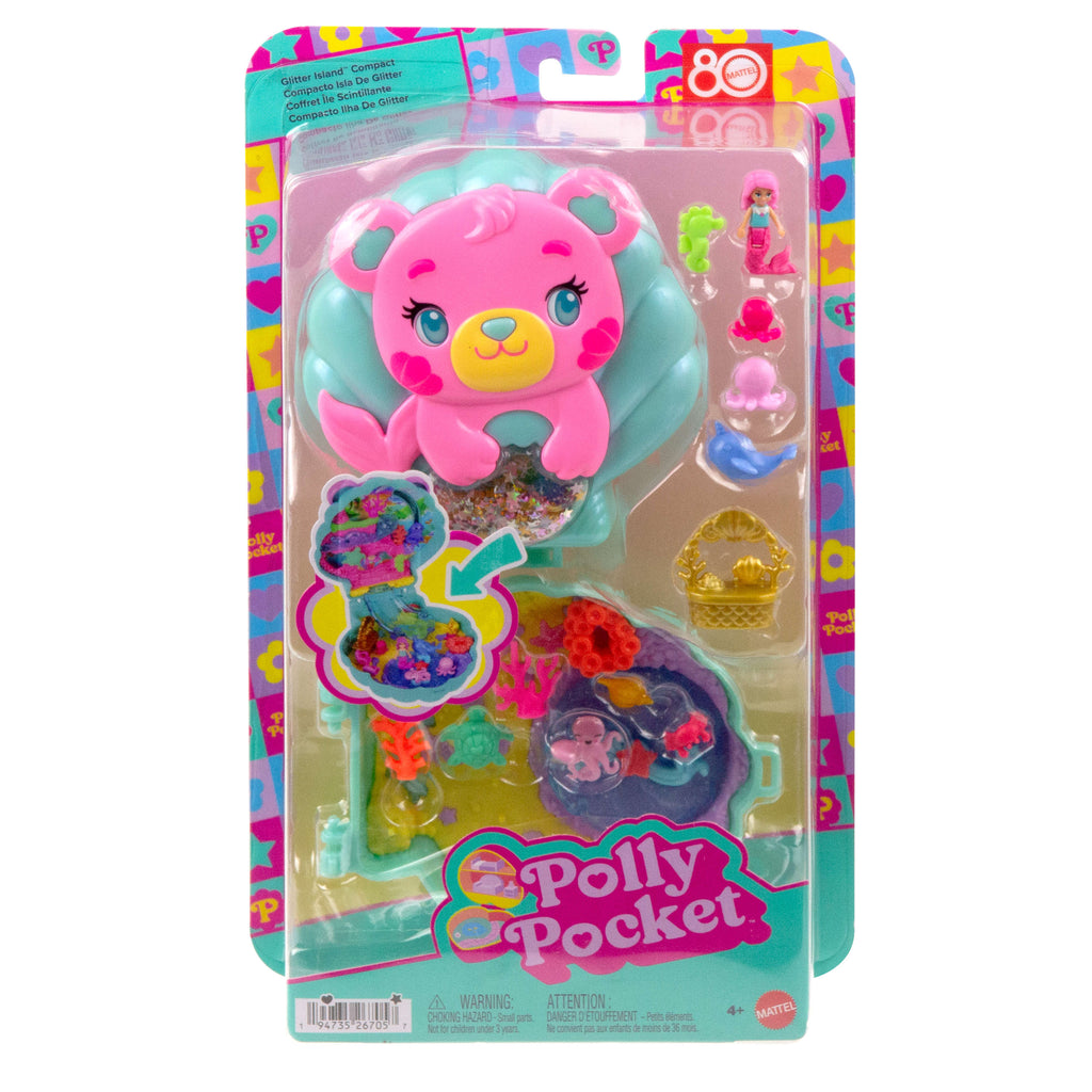 Polly Pocket Işıltılı Ada mini oyun seti, 1 mikro deniz kızı bebek ve deniz canlısı figürleri, temaya uygun aksesuarların yer aldığı taşınabilir oyuncak