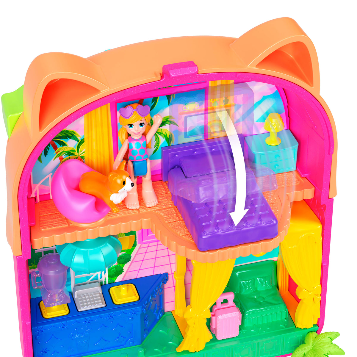 Polly Pocket Kediciğin Tatili mini oyun seti, 1 mikro bebek ve yavru köpek figürü, temaya uygun aksesuarların yer aldığı taşınabilir oyuncak