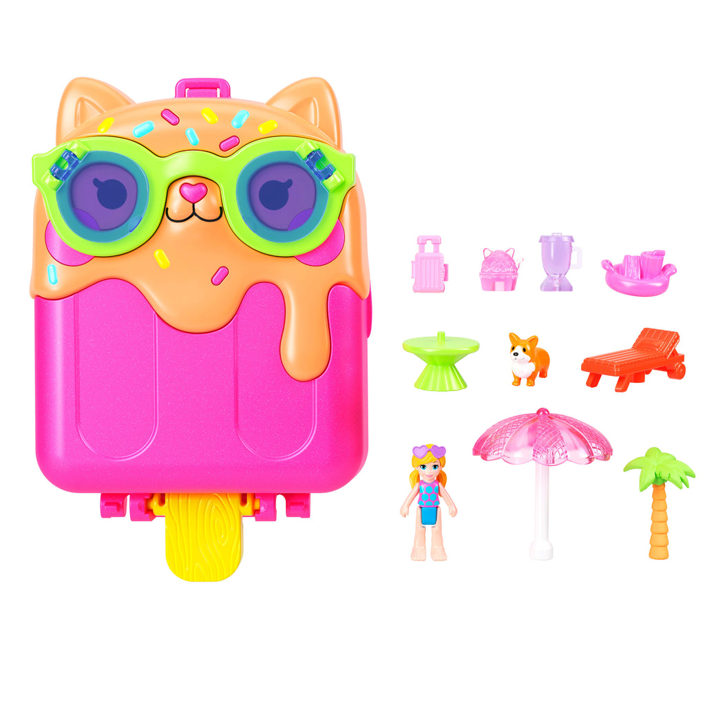 Polly Pocket Kediciğin Tatili mini oyun seti, 1 mikro bebek ve yavru köpek figürü, temaya uygun aksesuarların yer aldığı taşınabilir oyuncak