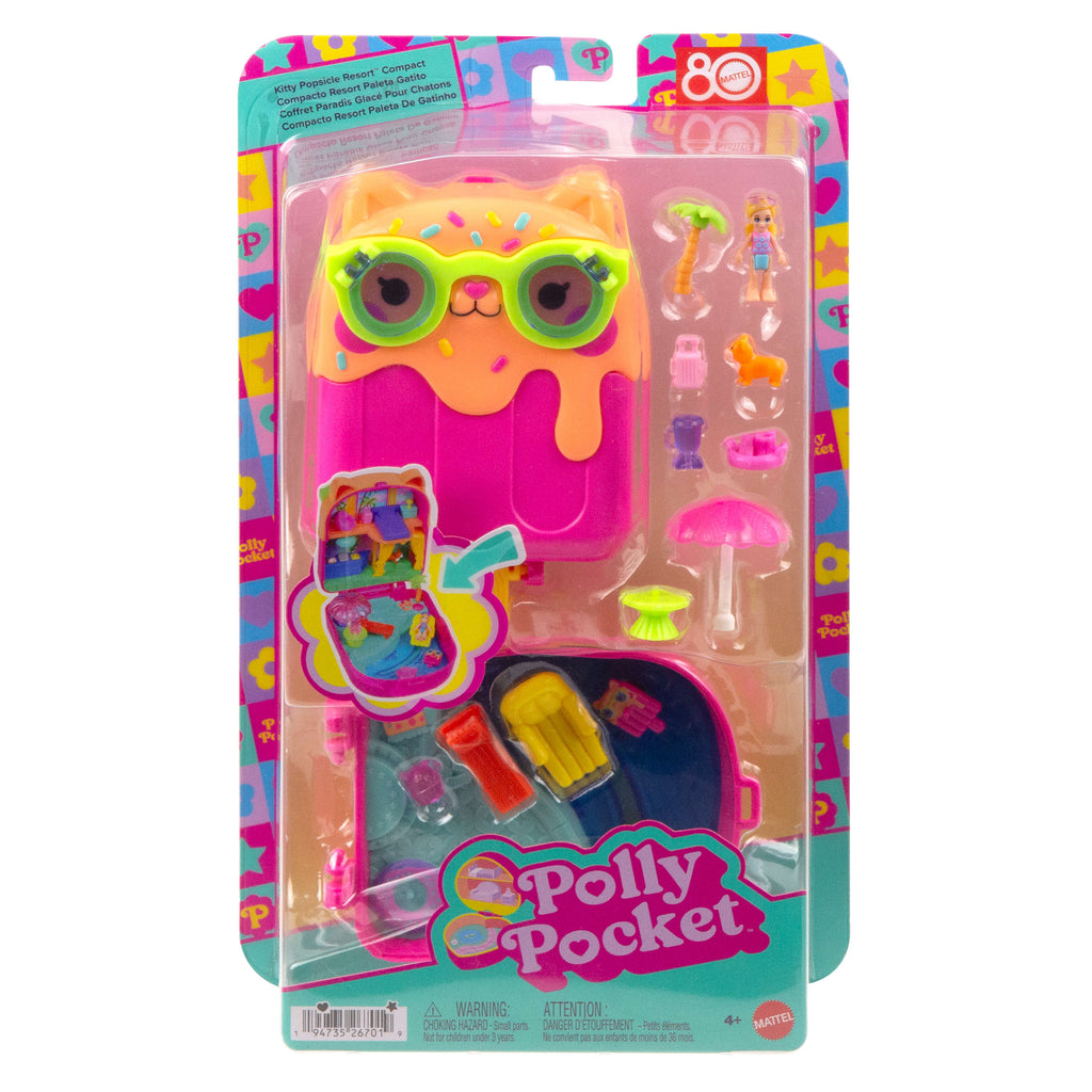 Polly Pocket Kediciğin Tatili mini oyun seti, 1 mikro bebek ve yavru köpek figürü, temaya uygun aksesuarların yer aldığı taşınabilir oyuncak