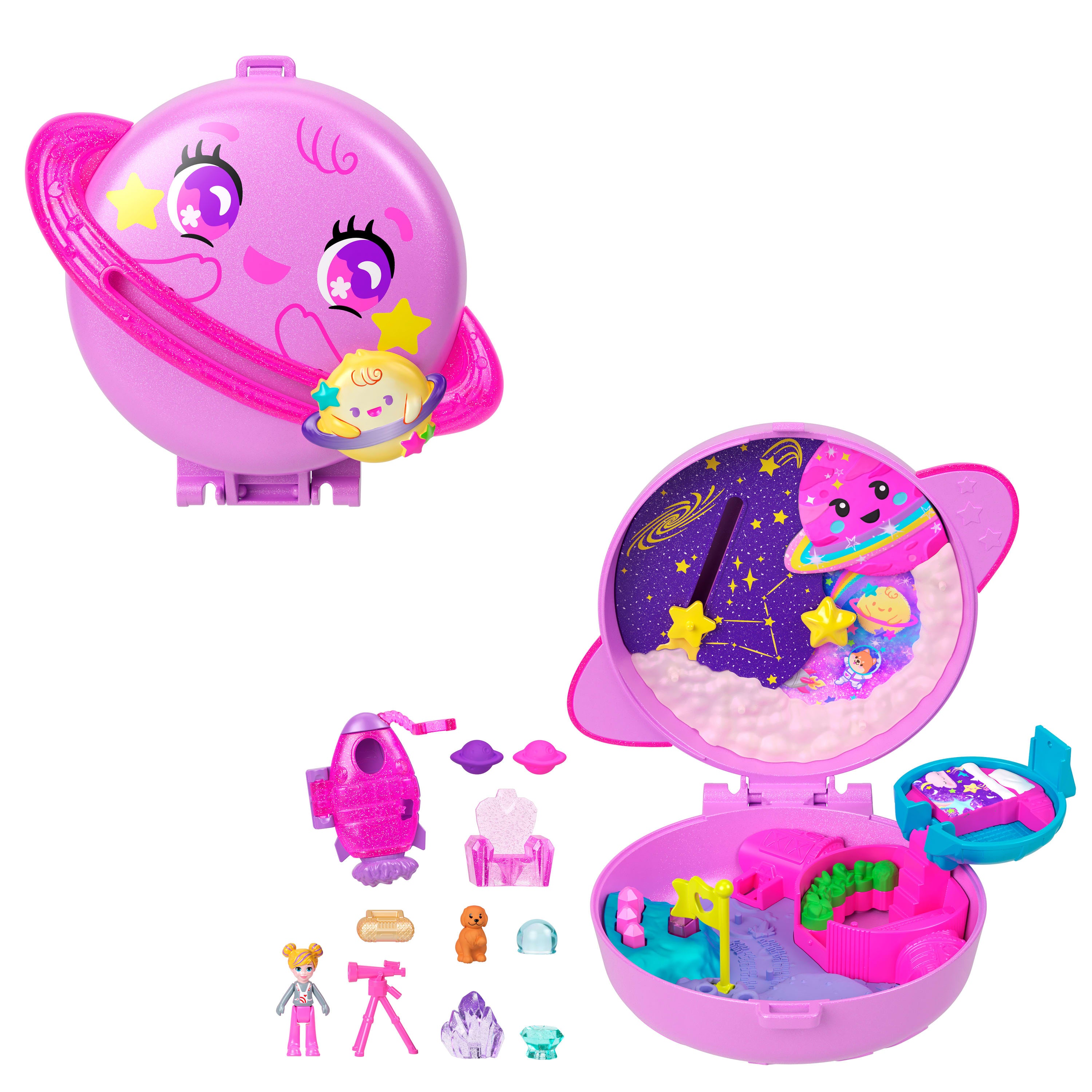 Polly Pocket Polly Gezegeni mini oyun seti, 1 mikro bebek ve yavru köpek figürü, temaya uygun aksesuarların yer aldığı taşınabilir oyuncak