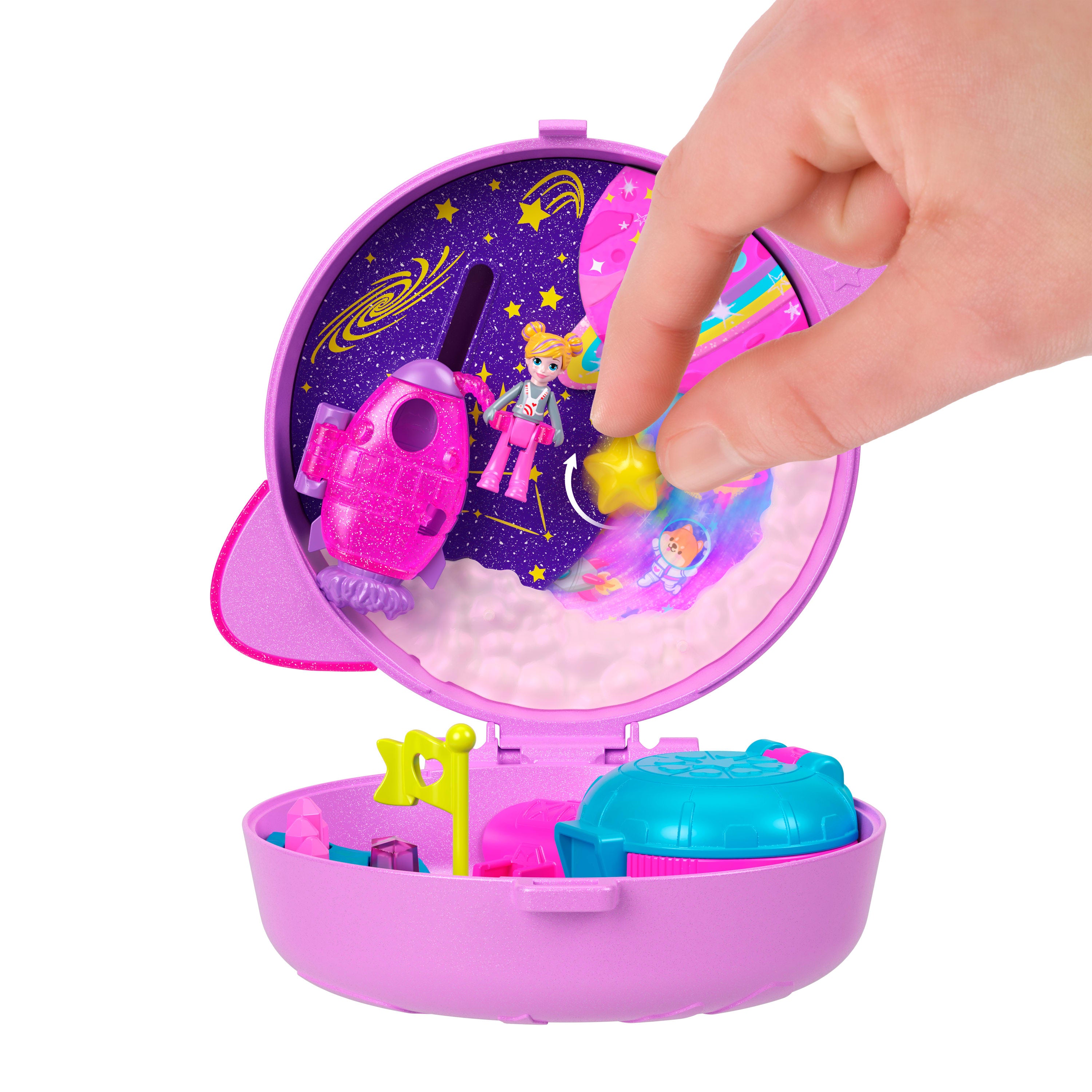 Polly Pocket Polly Gezegeni mini oyun seti, 1 mikro bebek ve yavru köpek figürü, temaya uygun aksesuarların yer aldığı taşınabilir oyuncak