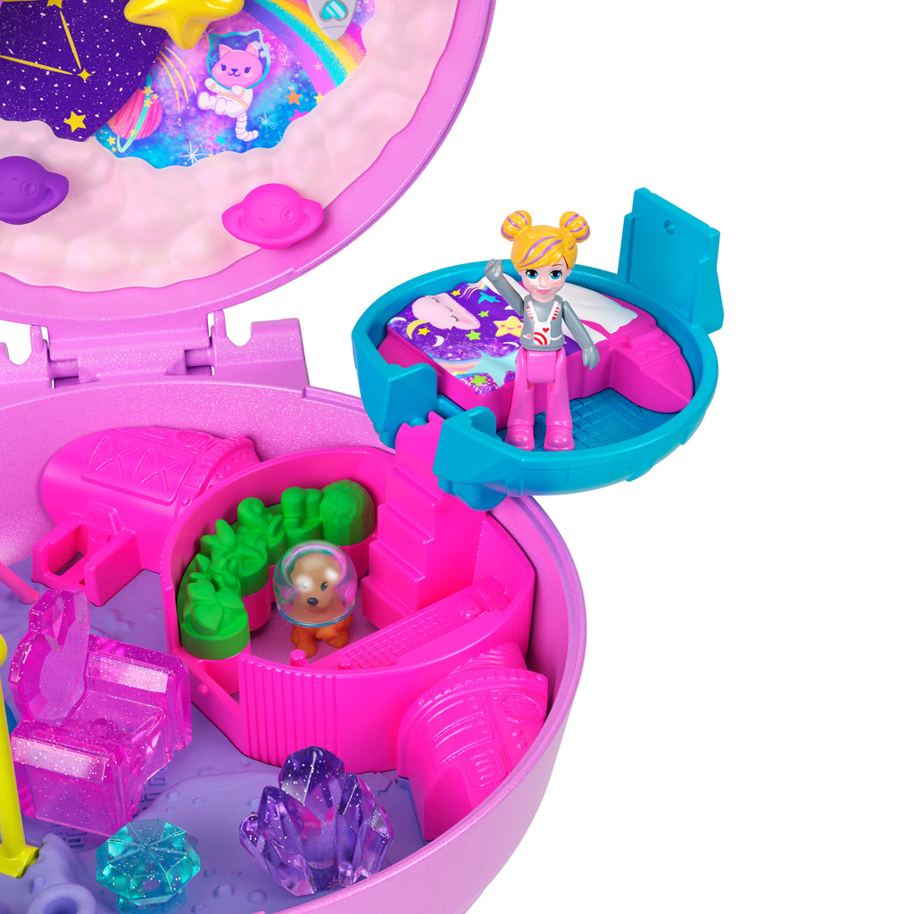 Polly Pocket Polly Gezegeni mini oyun seti, 1 mikro bebek ve yavru köpek figürü, temaya uygun aksesuarların yer aldığı taşınabilir oyuncak