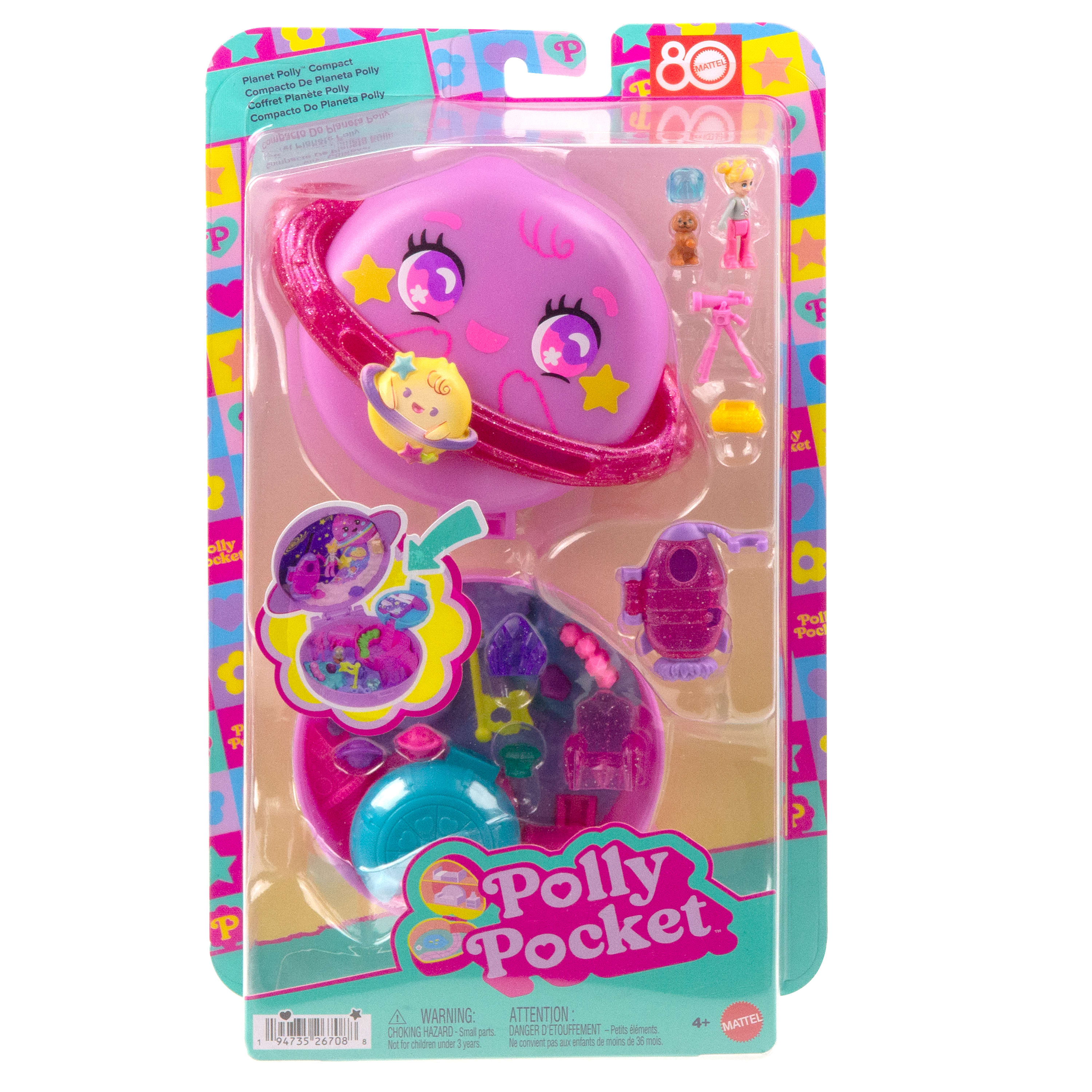 Polly Pocket Polly Gezegeni mini oyun seti, 1 mikro bebek ve yavru köpek figürü, temaya uygun aksesuarların yer aldığı taşınabilir oyuncak