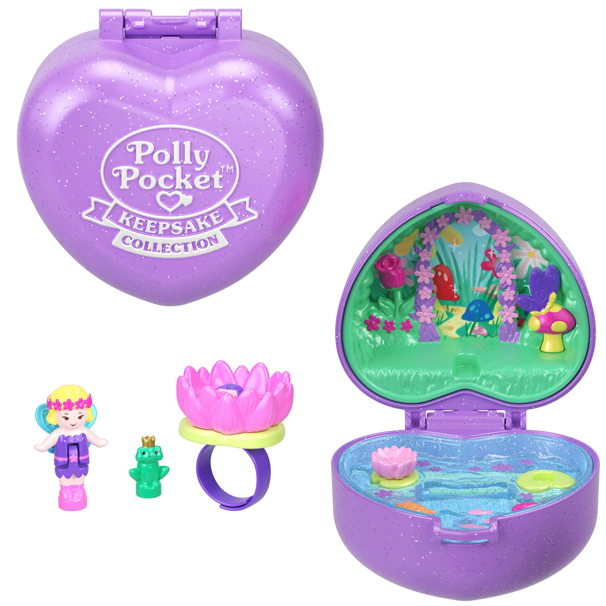 Polly Pocket Heritage Yüzük Kutusu Fairy Meadow Oyun Seti, Mikro Peri Bebek, Kurbağa ve Takılabilir Nilüfer Yüzük