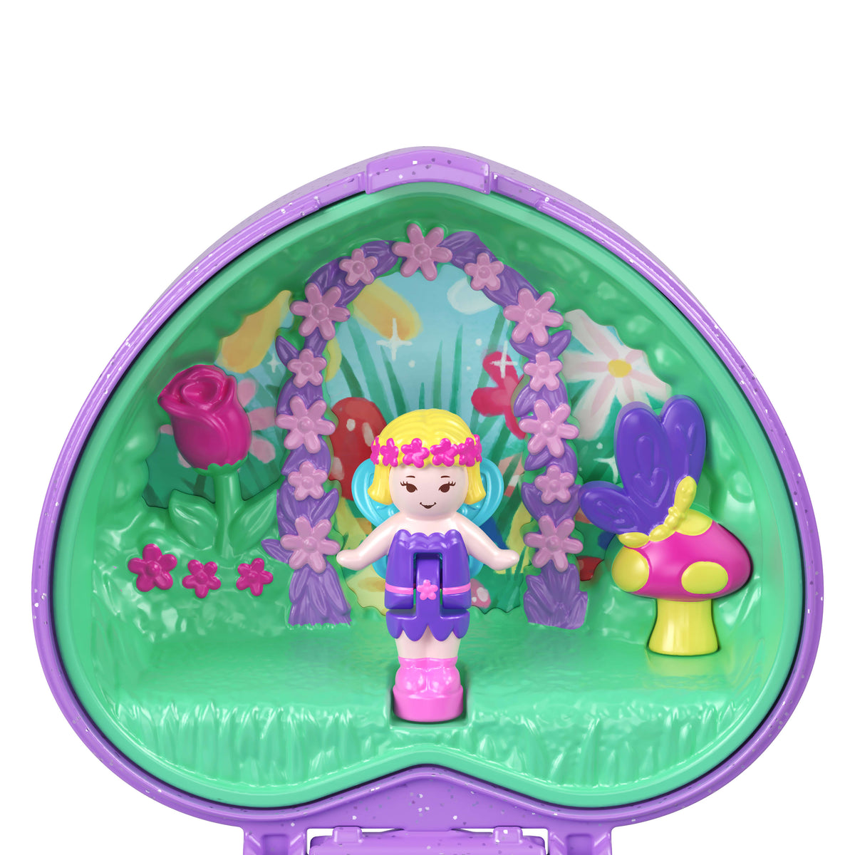 Polly Pocket Heritage Yüzük Kutusu Fairy Meadow Oyun Seti, Mikro Peri Bebek, Kurbağa ve Takılabilir Nilüfer Yüzük
