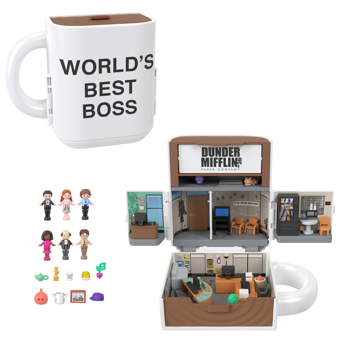 Polly Pocket ve The Office mini oyun seti, 6 karakter figürü ve 9 aksesuar, koleksiyona uygun Partnership oyuncağı
