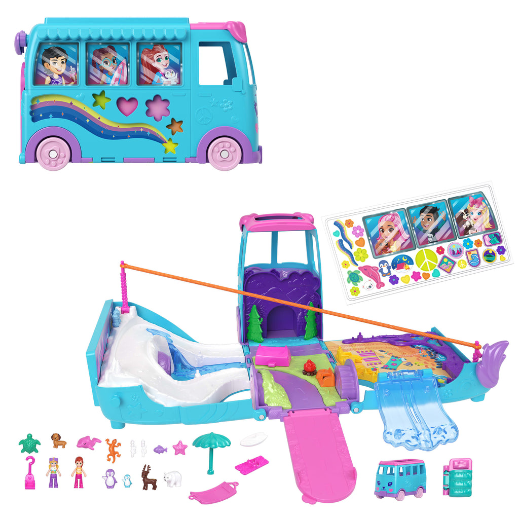 Polly Pocket Karavan Macerası oyun seti, mikro bebekler, dönüştürülebilir karavan, evcil hayvanlar ve oyuncak araba