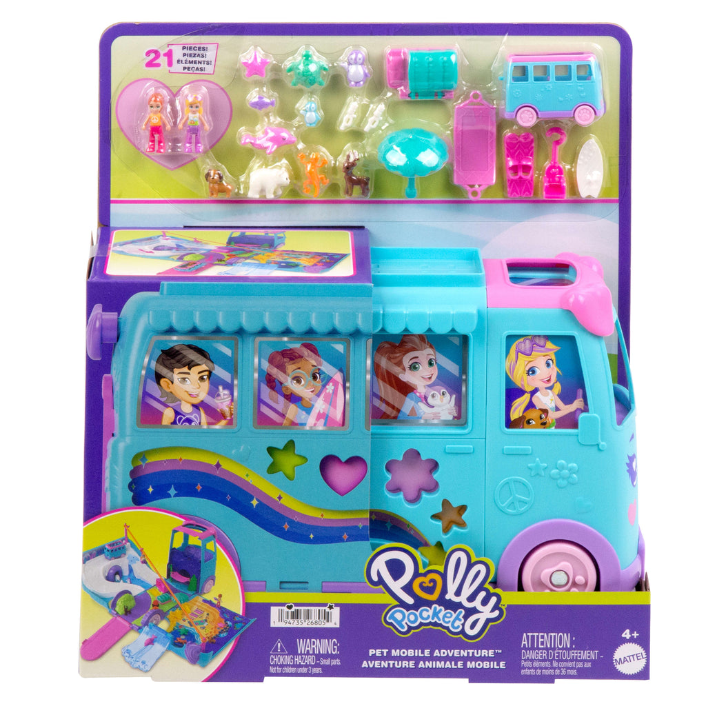 Polly Pocket Karavan Macerası oyun seti, mikro bebekler, dönüştürülebilir karavan, evcil hayvanlar ve oyuncak araba